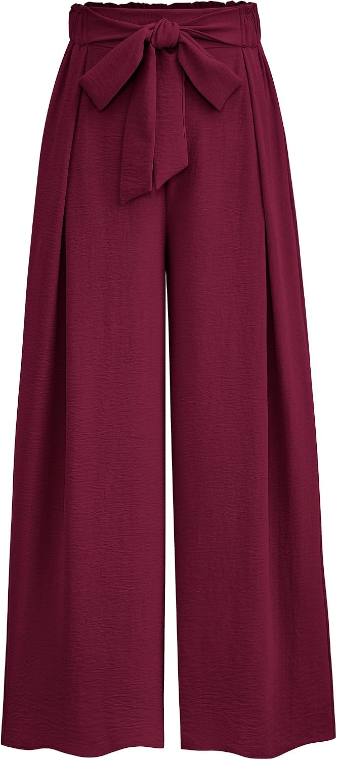 Detalle de PRETTYGARDEN Women's Palazzo Work Pants, Wide Leg, Elastic Waist, Tie Front