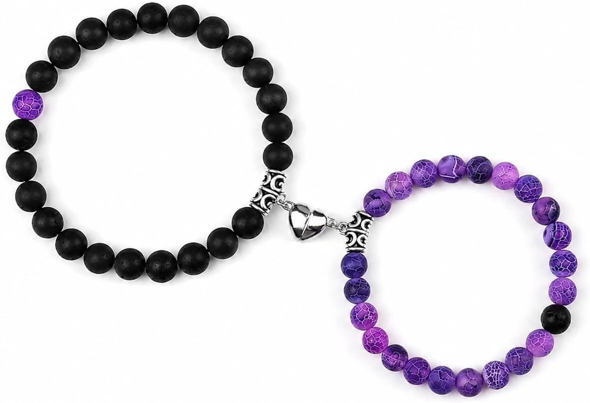 Detalle de Jexiva Set of 2 Matching Magnetic Heart Bracelets – Lava Stone + Howlite (Unisex, Stretch)