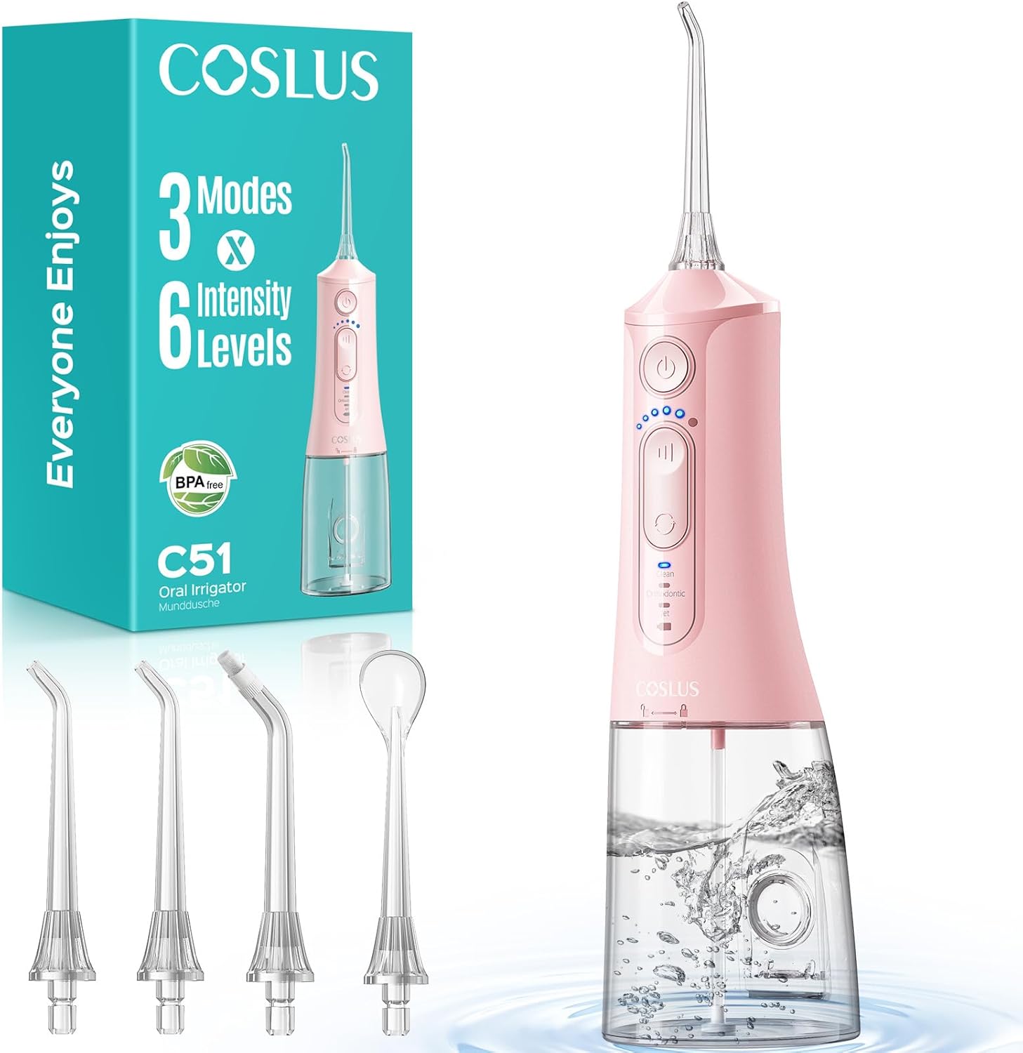 Detalle de COSLUS C51 Munddusche – Kabellos, 3 Modi, 6 Druckstufen, 300 ml