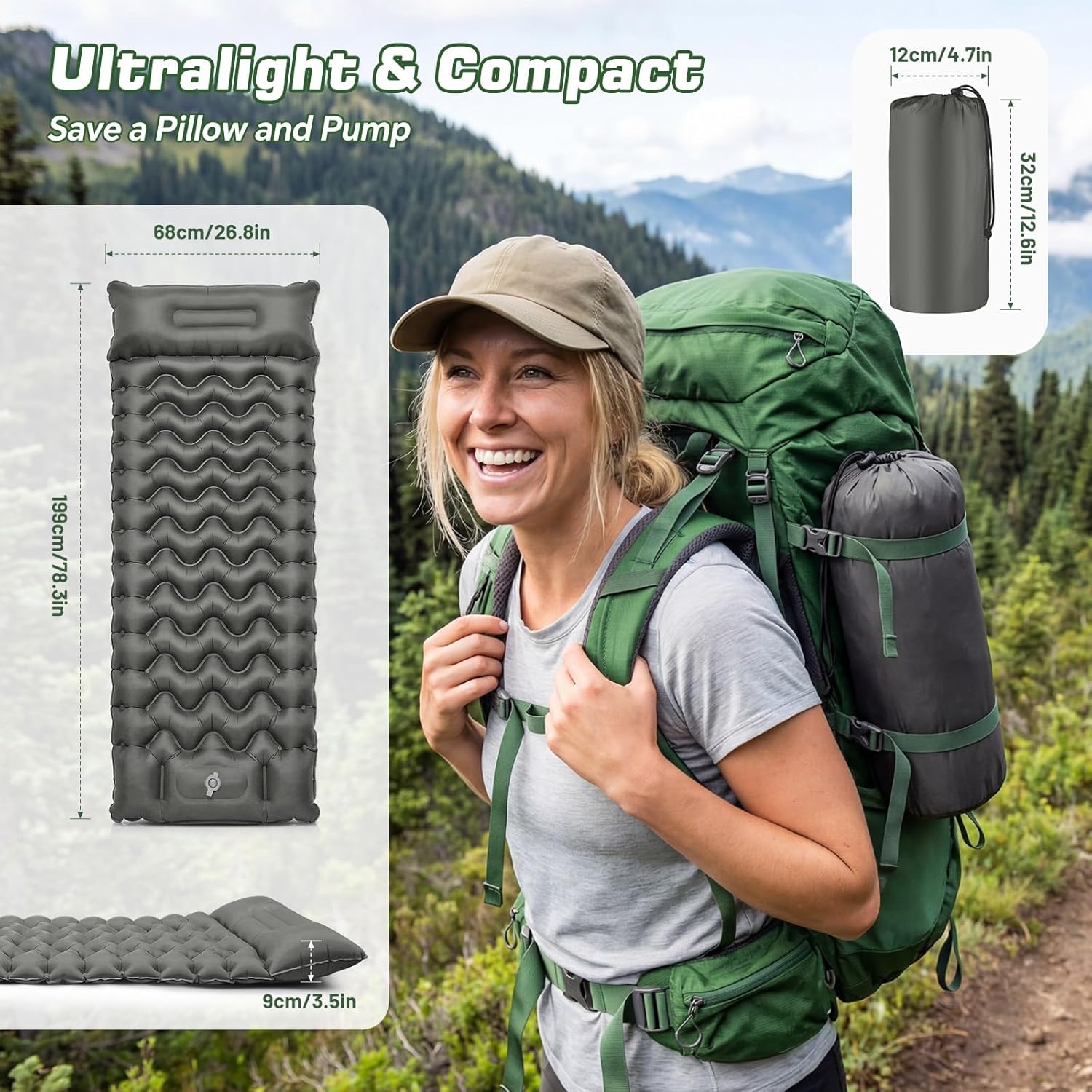 Thumbnail 2 de PHYSEN Camping Isomatte (196 x 70 cm) mit integrierter Fußpumpe & 360° Fixier-Riemen