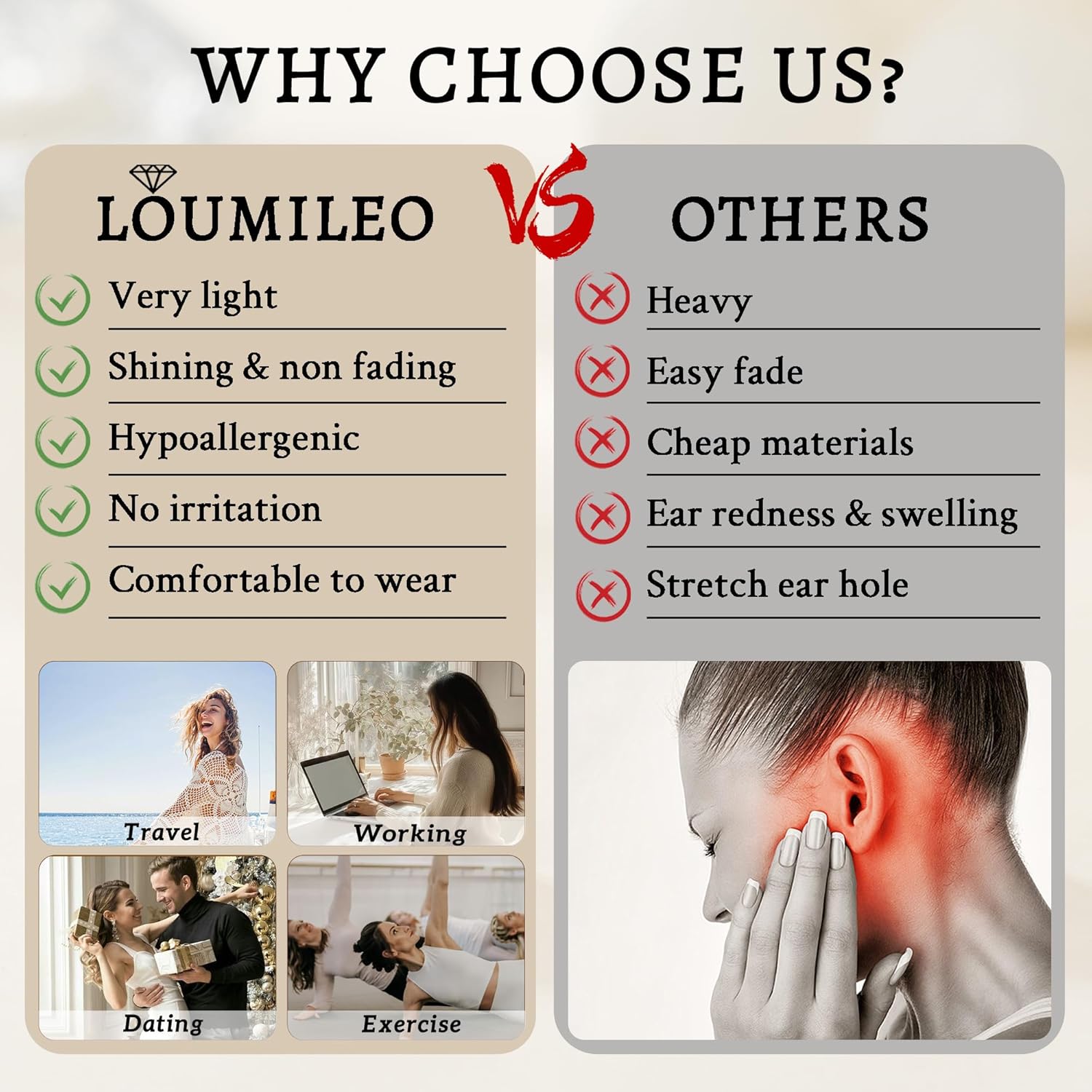 Thumbnail 5 de LOUMILEO 4mm Wide Large Silver Hoop Earrings (925 Sterling Silver, 30–70mm)