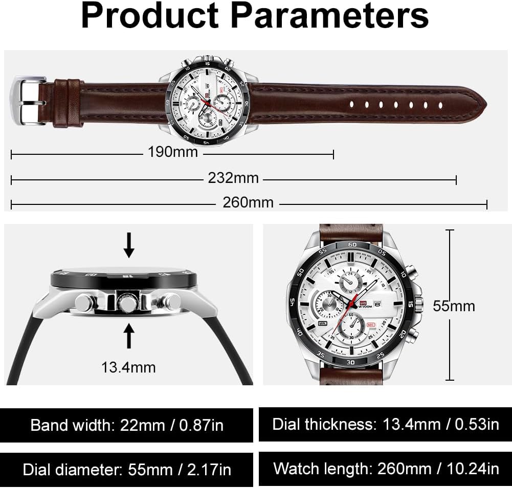 Detalle 2 de OFFCUP Herren Uhr Analog Quarz Chronograph Braun – Lederarmband mit Datumsanzeige