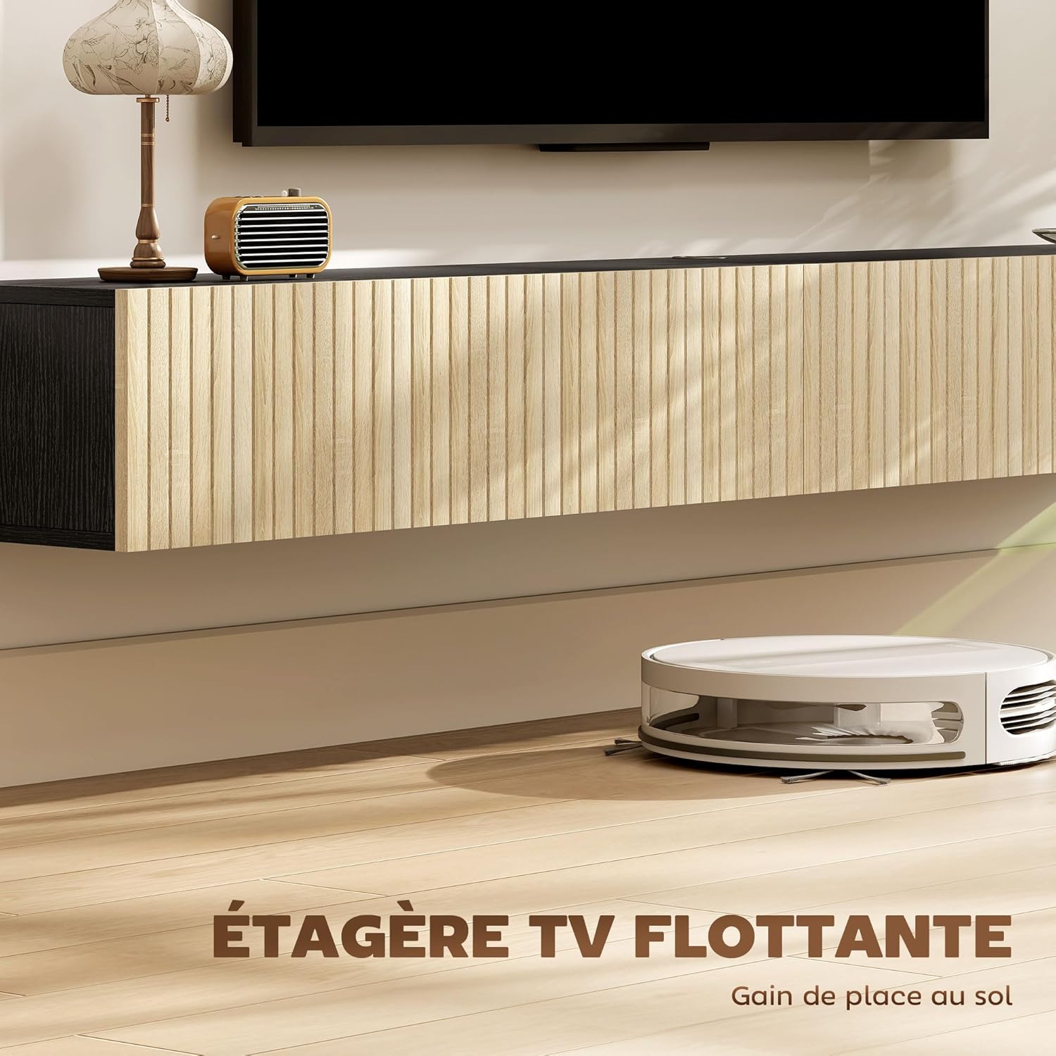 Thumbnail 2 de HOMCOM Meuble TV suspendu flottant 140 cm – Banc TV mural en MDF mélaminé, boise naturel et noir