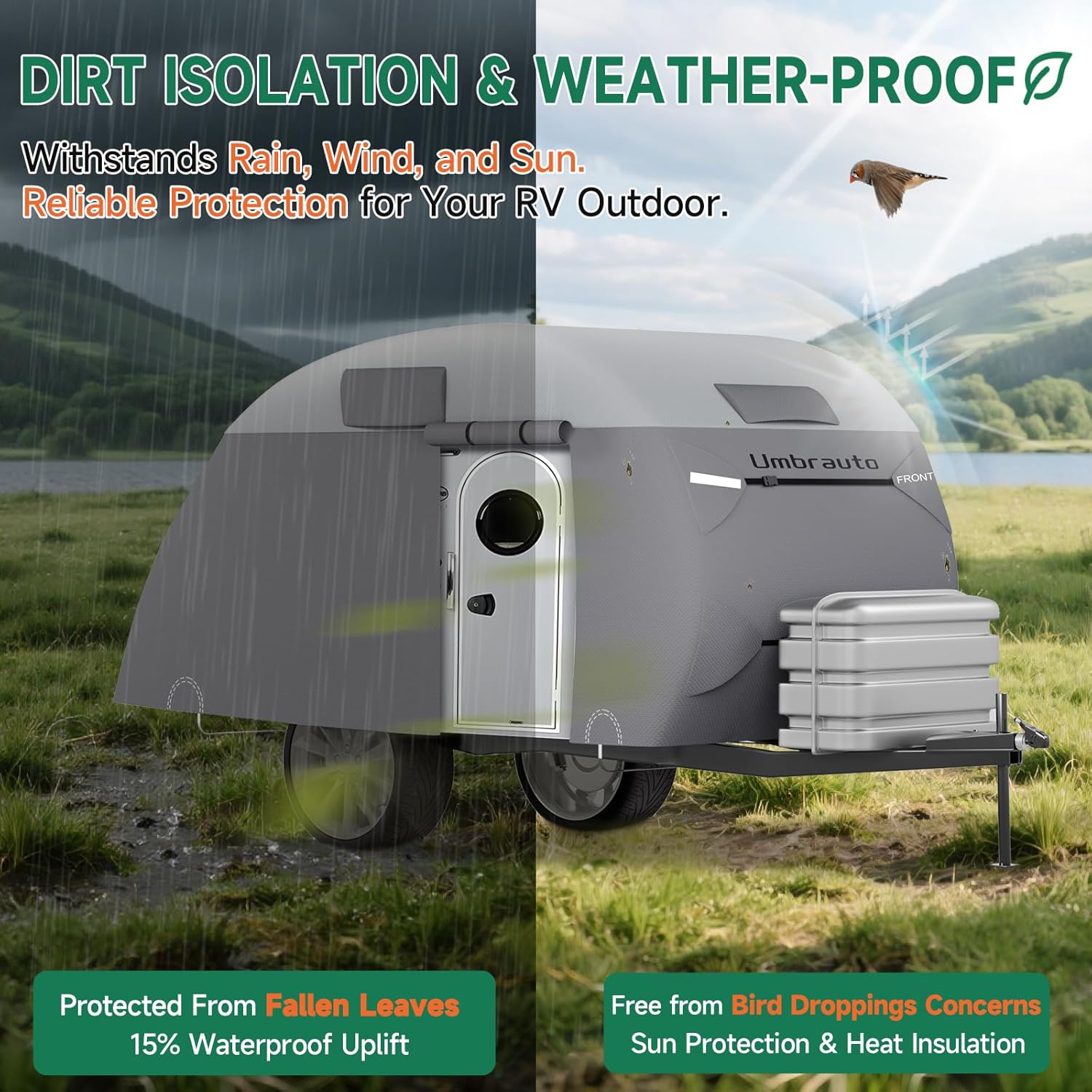 Thumbnail 4 de Teardrop Trailer Cover for 12'-15' RVs (150" L x 75" W x 75" H) — 7-Ply Top, Waterproof, Windproof with Vents