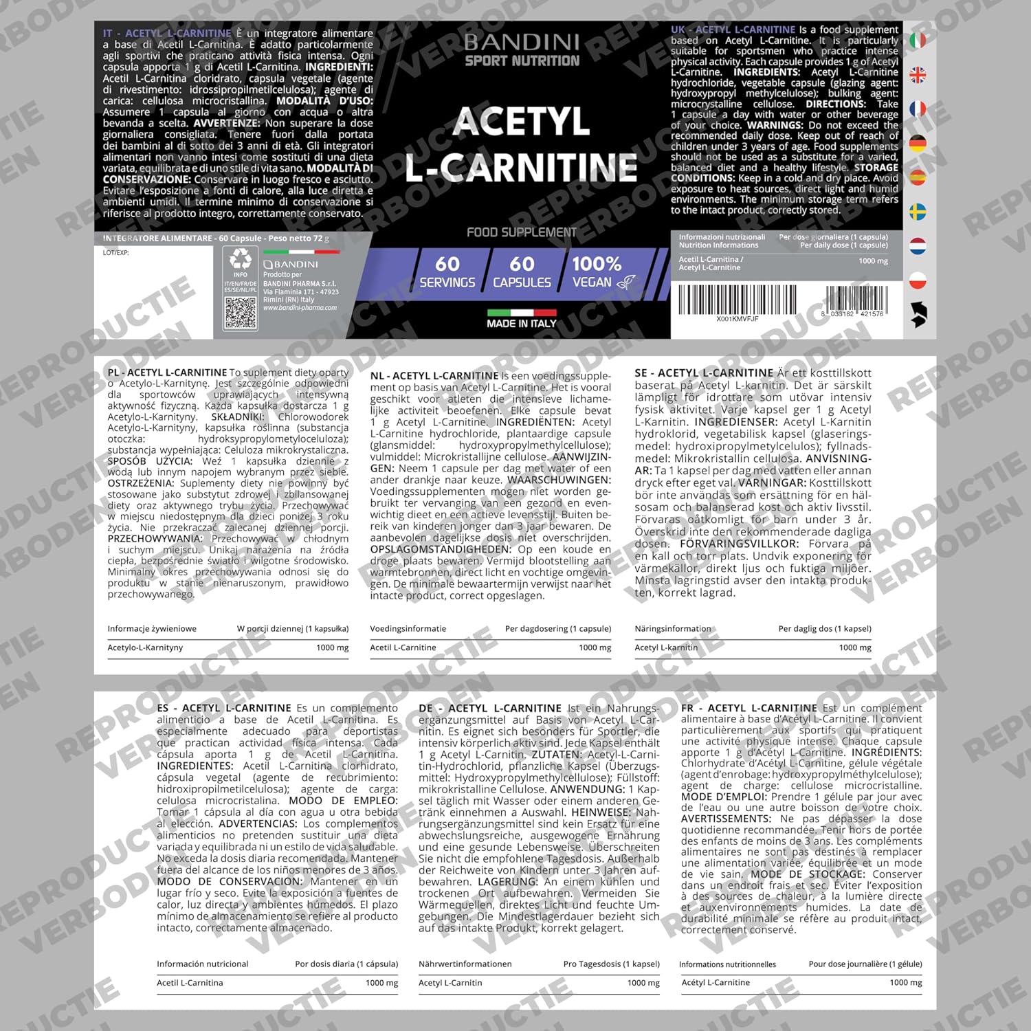 Detalle 1 de BANDINI Acetyl L-Carnitine 1000 mg, veganistische capsules, 60 stuks