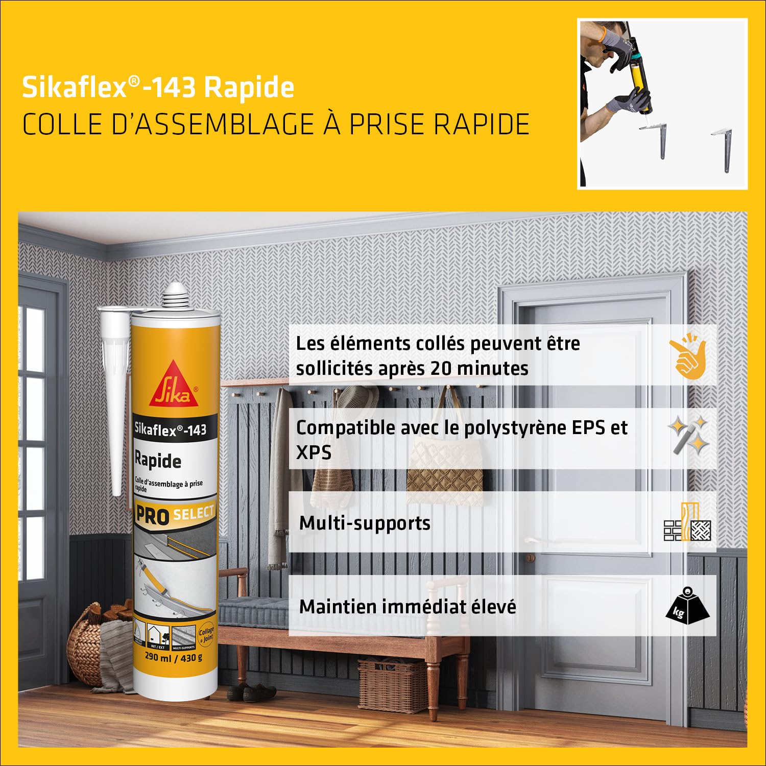 Detalle de SikaFlex 143 Rapide – Colle-mastic à prise rapide, 290 ml, blanc