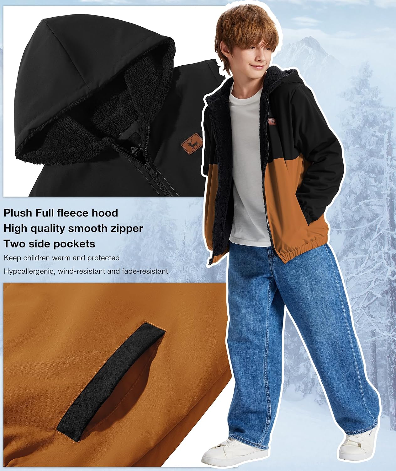 Detalle 2 de ZITY Boys Sherpa-Lined Fleece Jacket, Full-Zip Hoodie with Pockets
