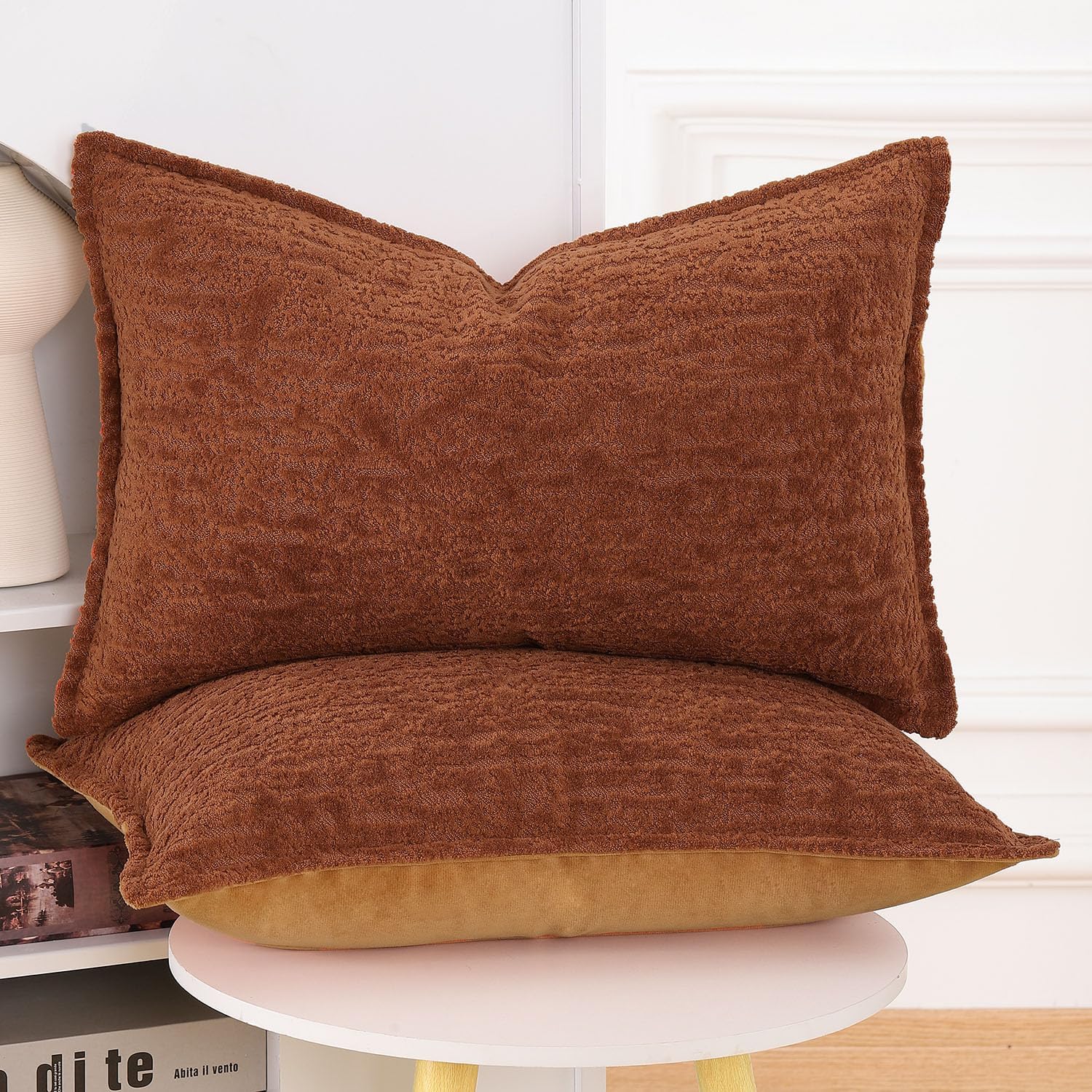 Detalle de Madizz 2er-Set Chenille-Samt Kissenbezüge mit Randdekor (ohne Füllung) für Sofa, Boho & Schlafzimmer – 40x80 cm