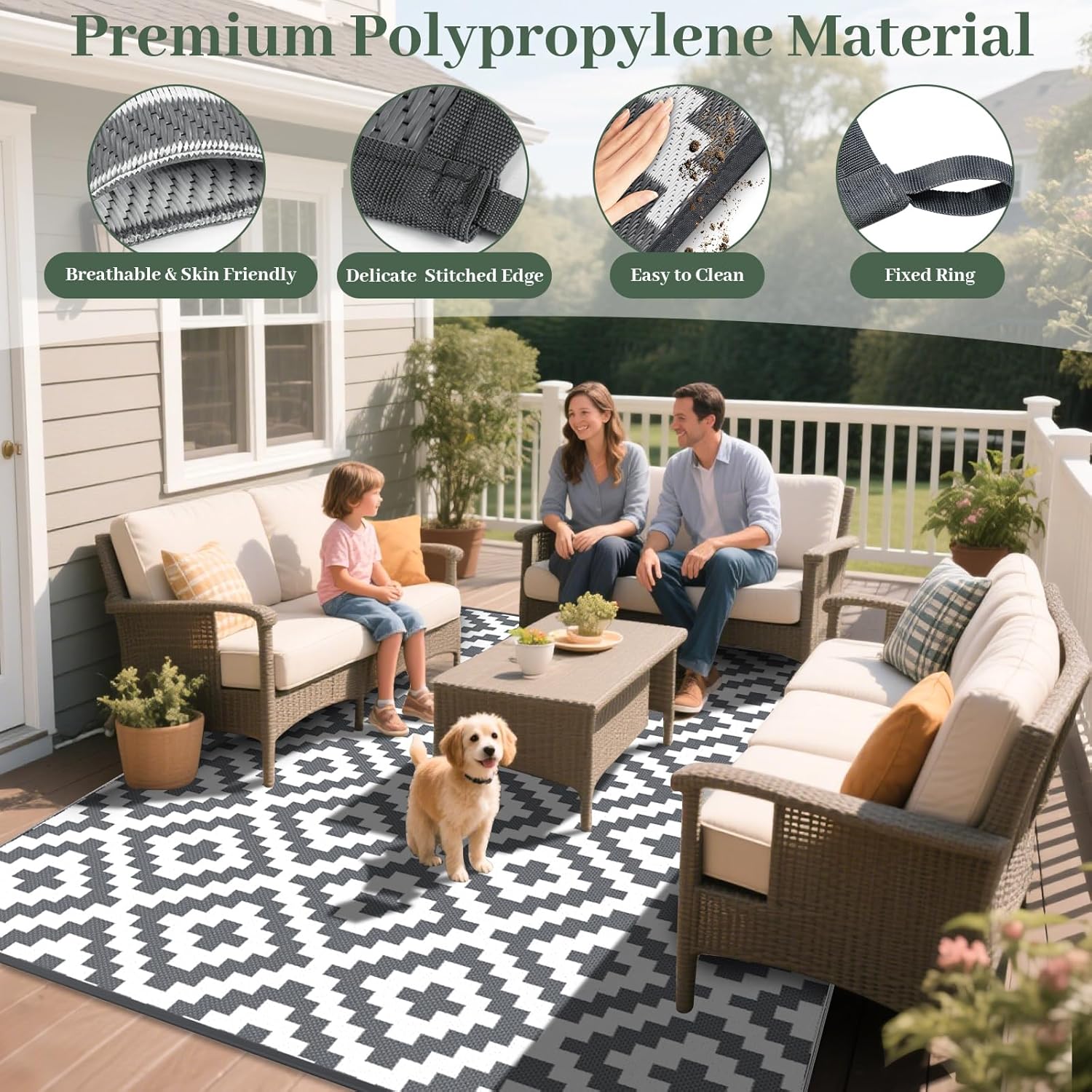Detalle de MOKANI Outdoor Rug for Patios Waterproof (150x240cm) – Anti-Slip, UV-Resistant Geometric Mat