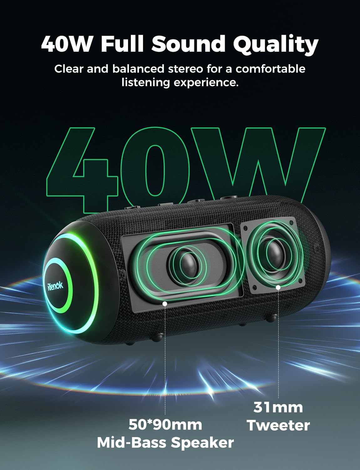 Detalle de RIENOK Bluetooth Speaker 40W, 5200mAh portable speaker