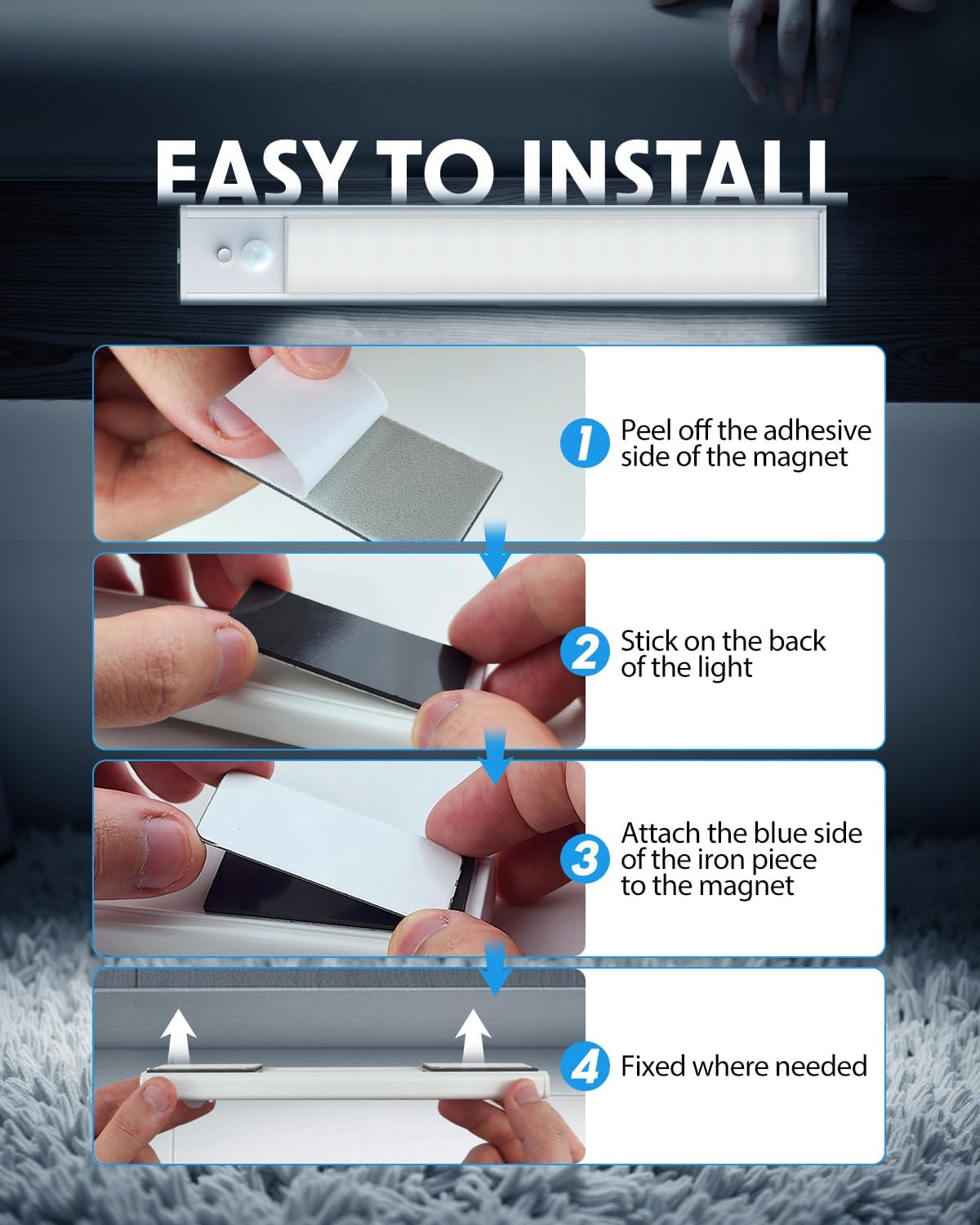 Thumbnail 5 de KALAHOL 4 Pack Under Cabinet Kitchen Lights with Motion Sensor (Type-C, 3 modes) – Cold White, 30cm