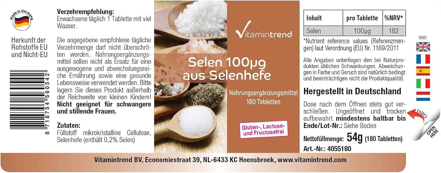 Detalle de Vitamintrend Selen 100 μg aus Selenhefe – 180 Tabletten, vegan, ohne Magnesiumstearat, in Deutschland hergestellt