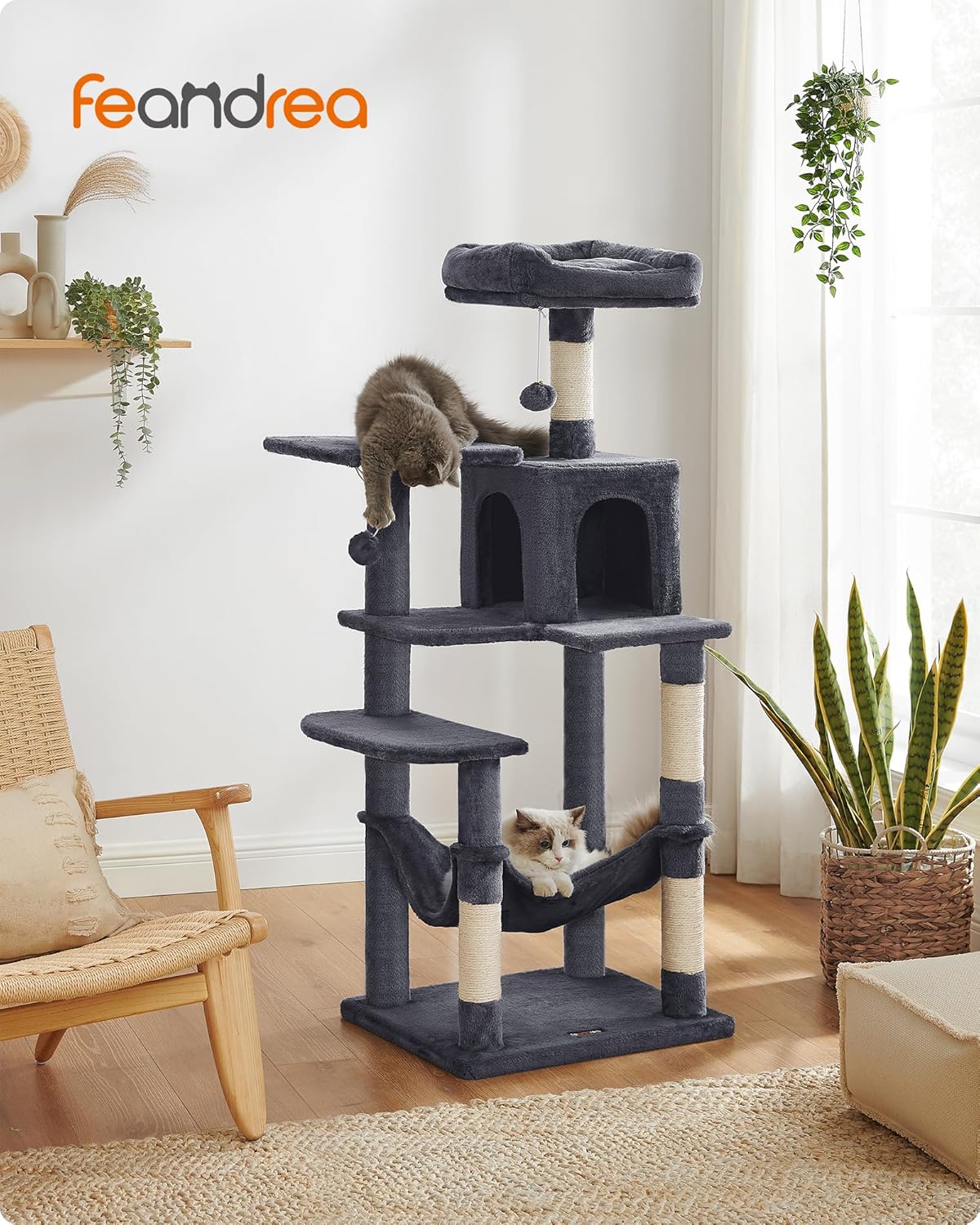 Detalle 2 de Feandrea Árbol para Gatos PCT161G01 de 143 cm con 4 postes rascadores, 2 plataformas y cueva