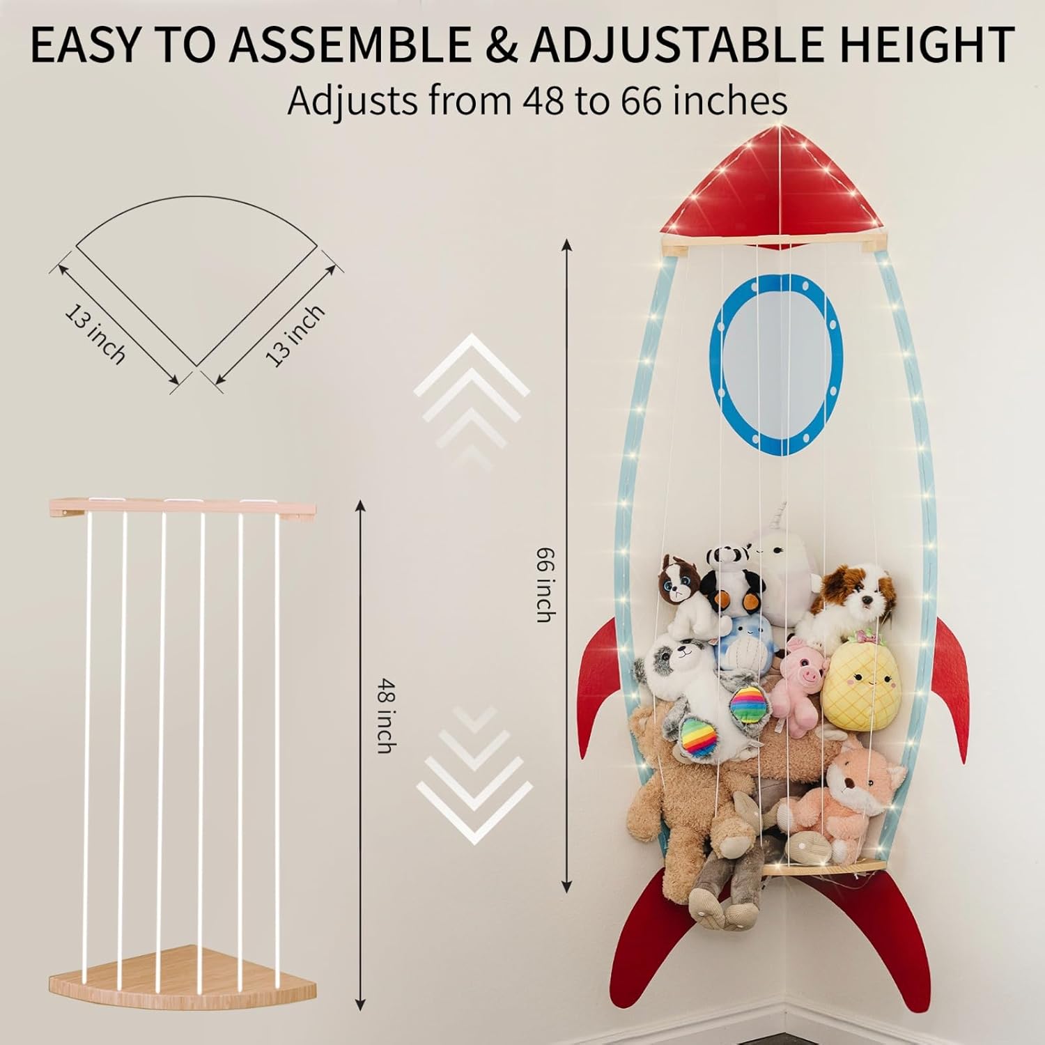 Detalle de PUTSKA Corner Nursery Storage Shelf – Space-Saving Wooden organiser for plush toys, baby essentials & nursery décor (Spaceship)