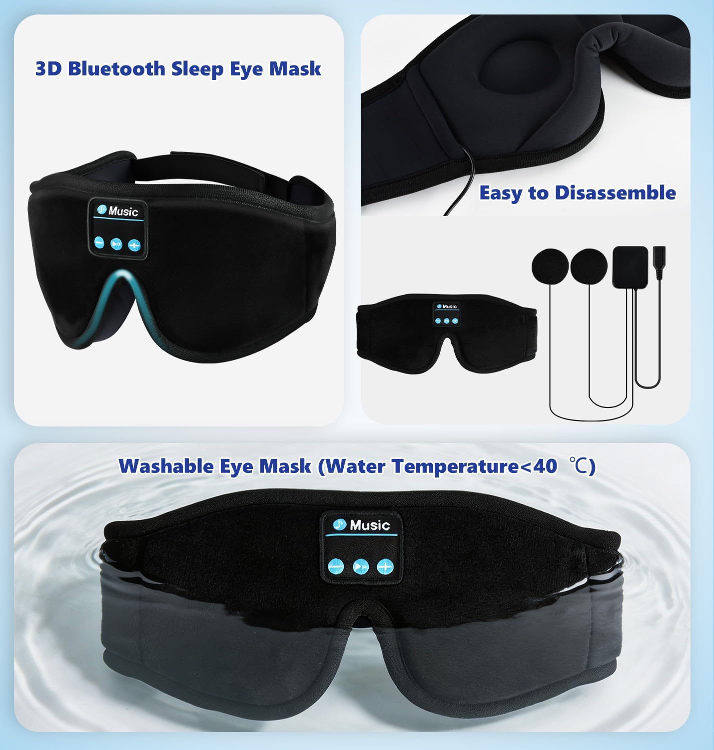 Detalle de KARFUN Eye Mask with Bluetooth Headphones (Upgraded 3D Sleep Headphones) – 14h Battery, 5.4 BT, Side Sleeper Comfort
