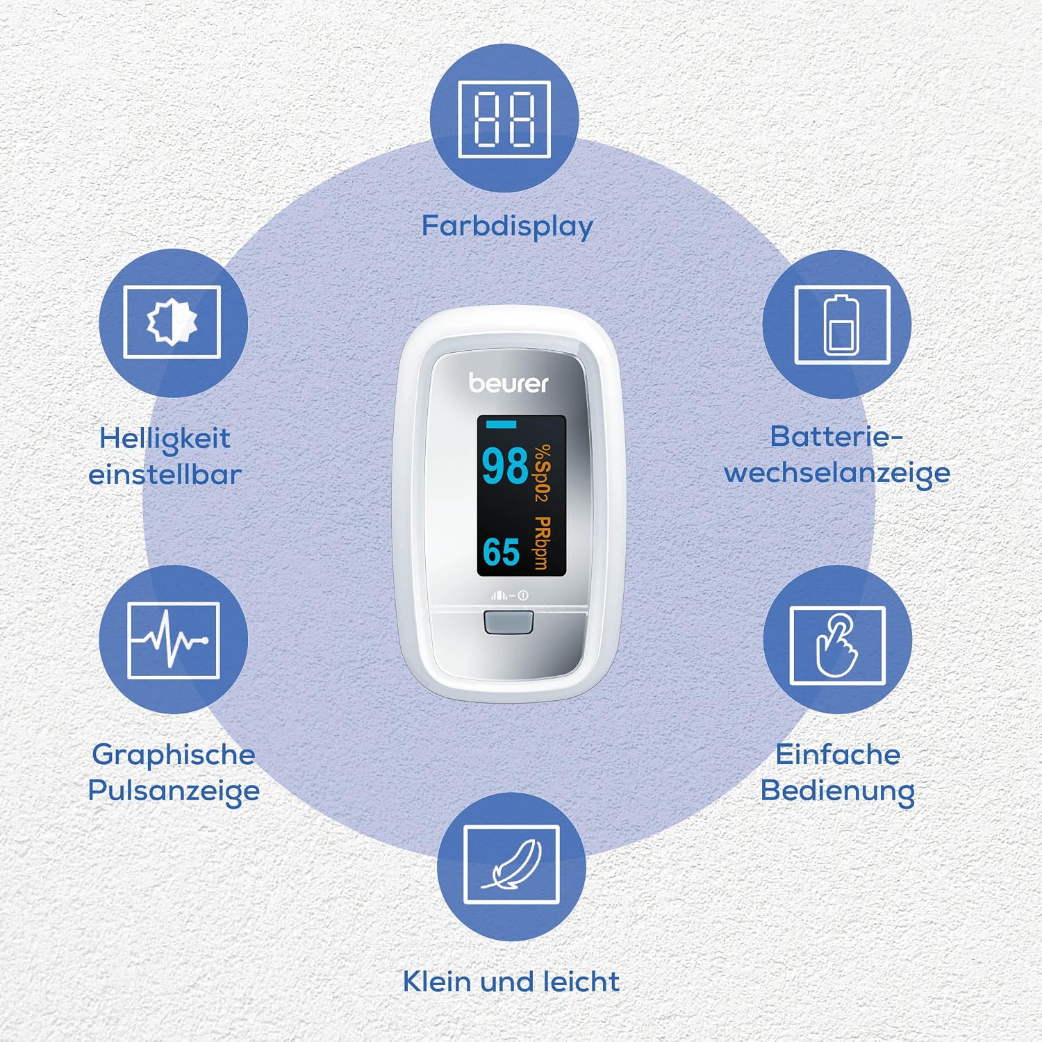 Detalle de Beurer PO 30 Pulsoximeter – kompakte Messung von SpO₂ und Puls mit farbigem Display