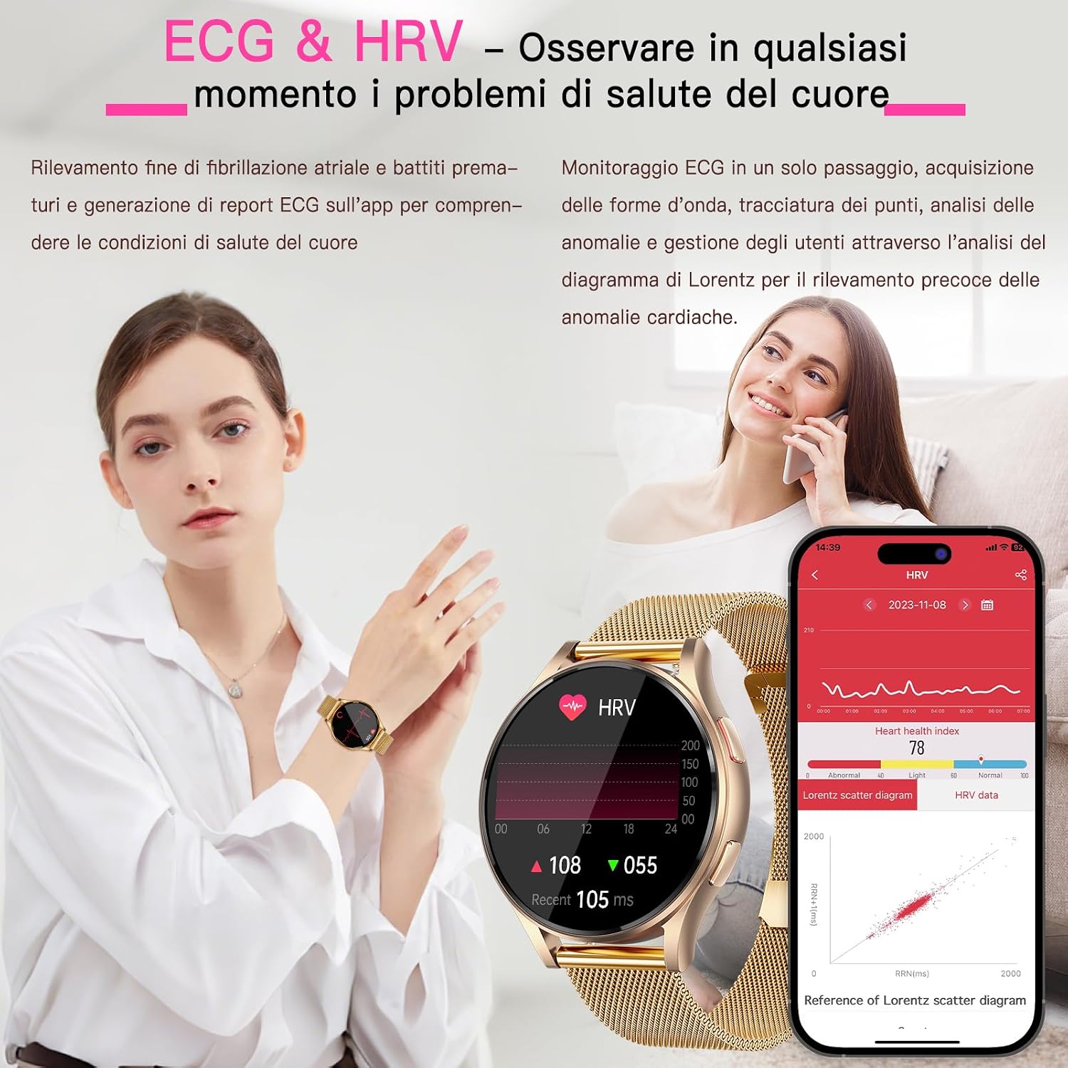 Detalle 2 de Lgnitek 2026 Smartwatch Donna con ECG+HRV/BMI, AMOLED 1,43", 2 cinturini, Chiamate Bluetooth e SOS