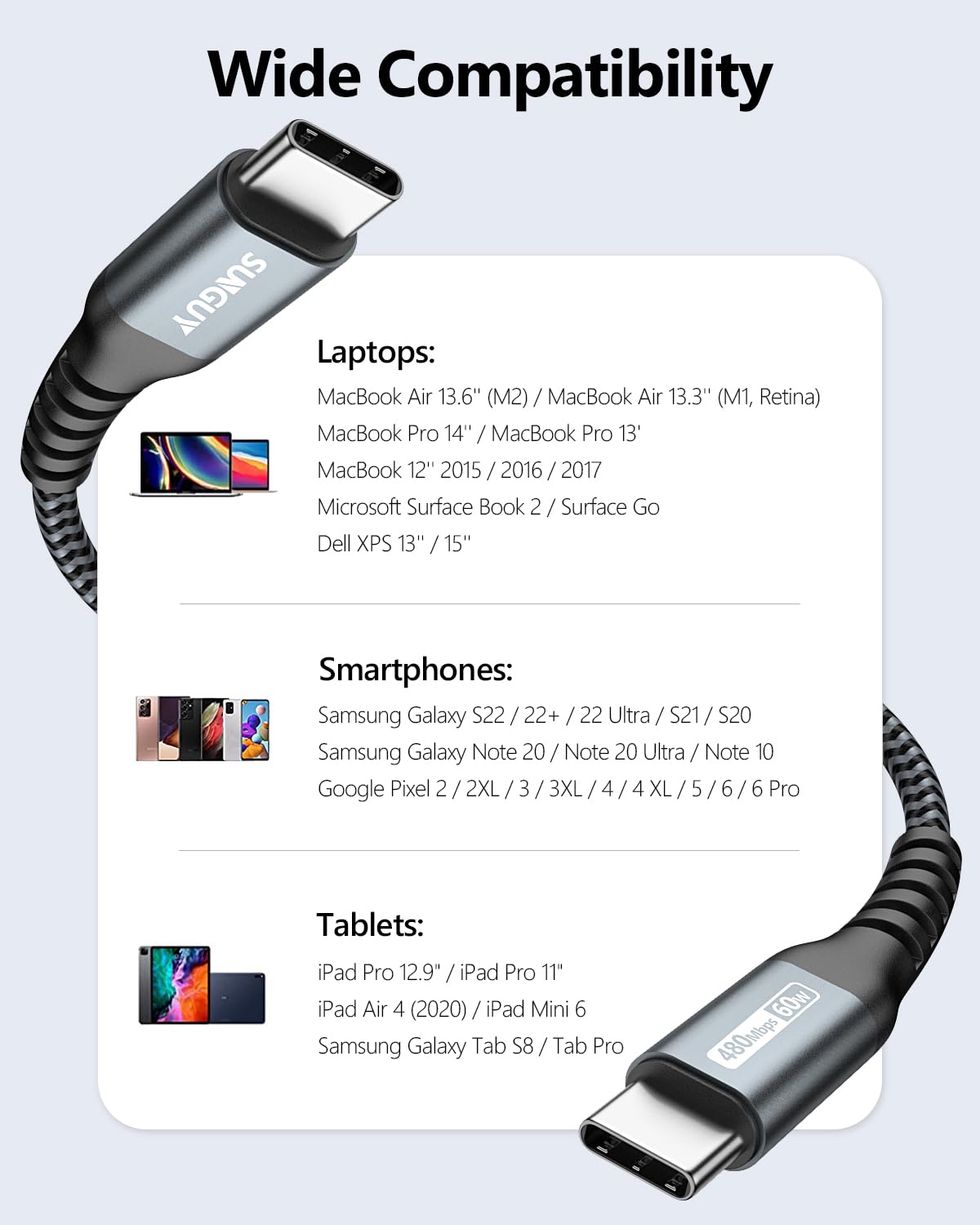 Thumbnail 6 de SUNGUY USB-C to USB-C Cable (2 Pack, 6.6FT) with PD fast charging and 480Mbps data sync