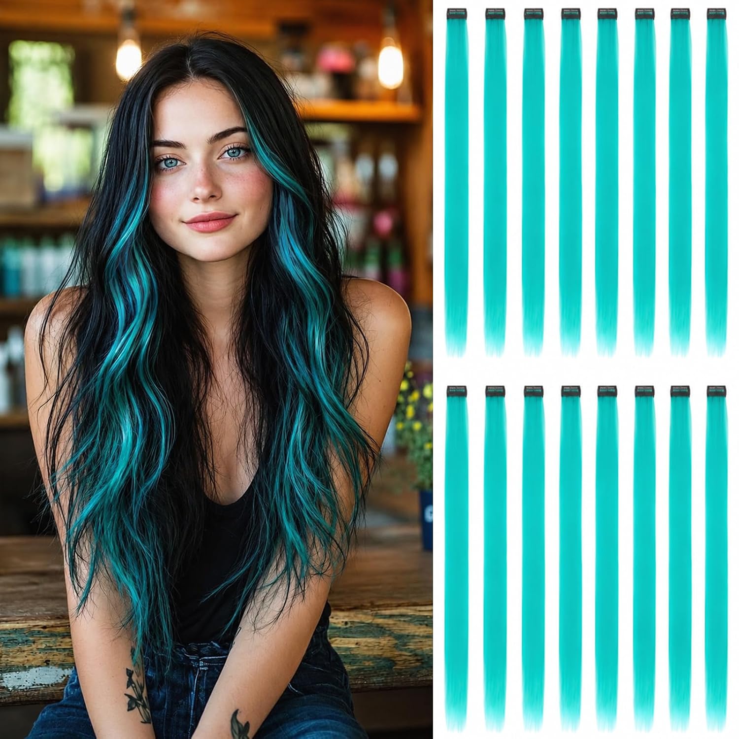Detalle de Teal Blue Clip-In Hair Extensions, 16 Pieces for Parties and Cosplay
