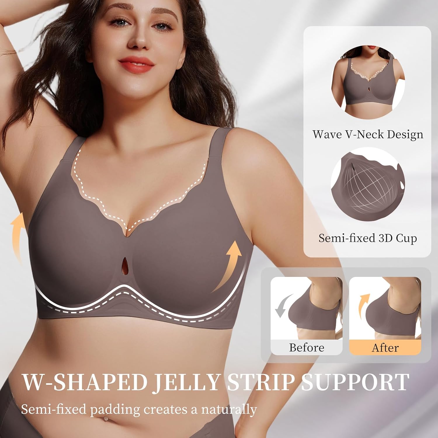 Detalle de UIMERO Jelly Wireless Bra, Seamless Wave-Neck T-Shirt Bra with Criss-Cross Back