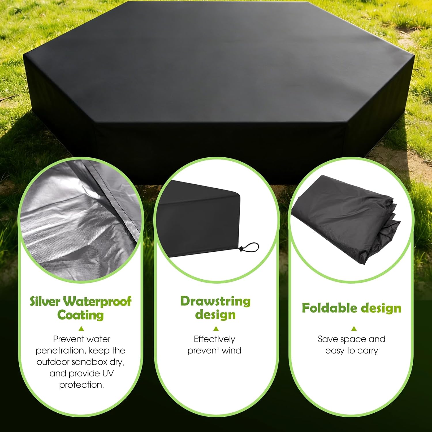 Thumbnail 4 de VTMJ Sandkasten-Abdeckung 180 x 150 cm (Sechseck) aus 210D Oxford mit Kordelzug