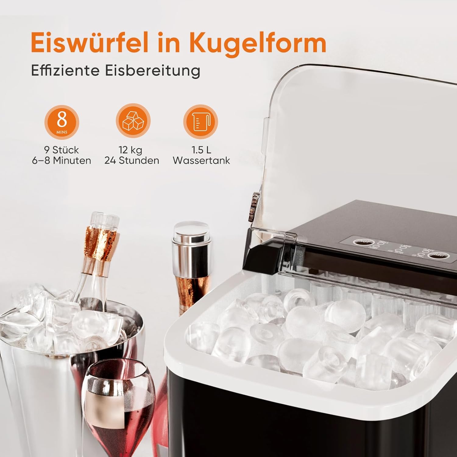 Detalle de Sweetcrispy Eiswürfelmaschine mit Tragegriff – 9 Würfel in 6 Minuten, 12 kg/24 h, kompakt, 2 Eisgrößen, Schwarz