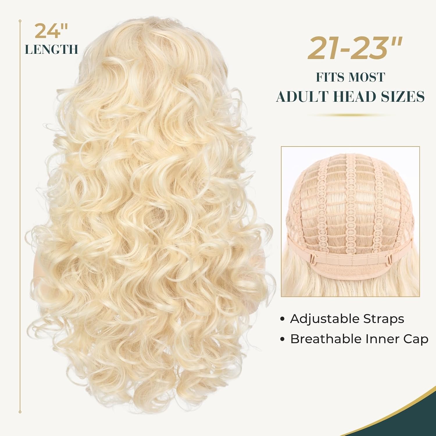 Detalle 2 de Long Blonde Curly Wig with Bangs, 24-Inch Retro Country Diva Costume Wig