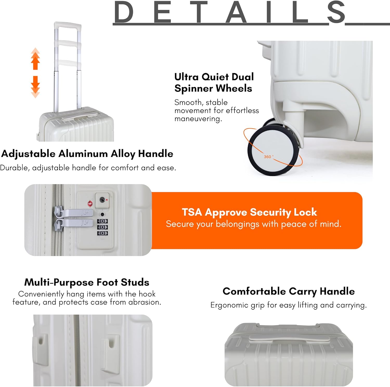Detalle de JLY Lightweight 3-Piece Luggage Set with TSA Lock and Built-In Cupholder (Ivory White, L 75.5cm)