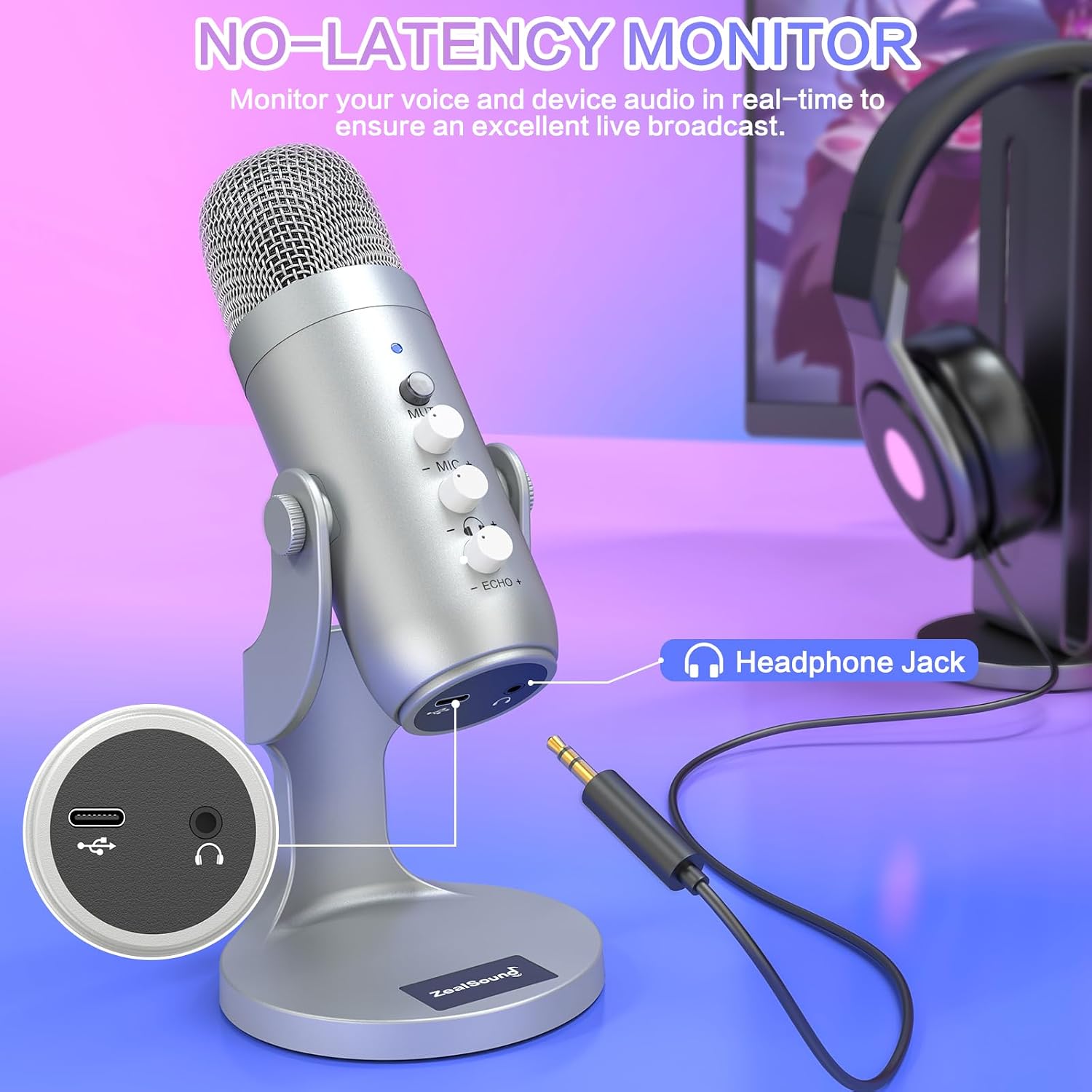 Detalle de ZealSound K66 USB Kondensator-Mikrofon – Plug & Play für PC, Laptop und Handy (Silber)