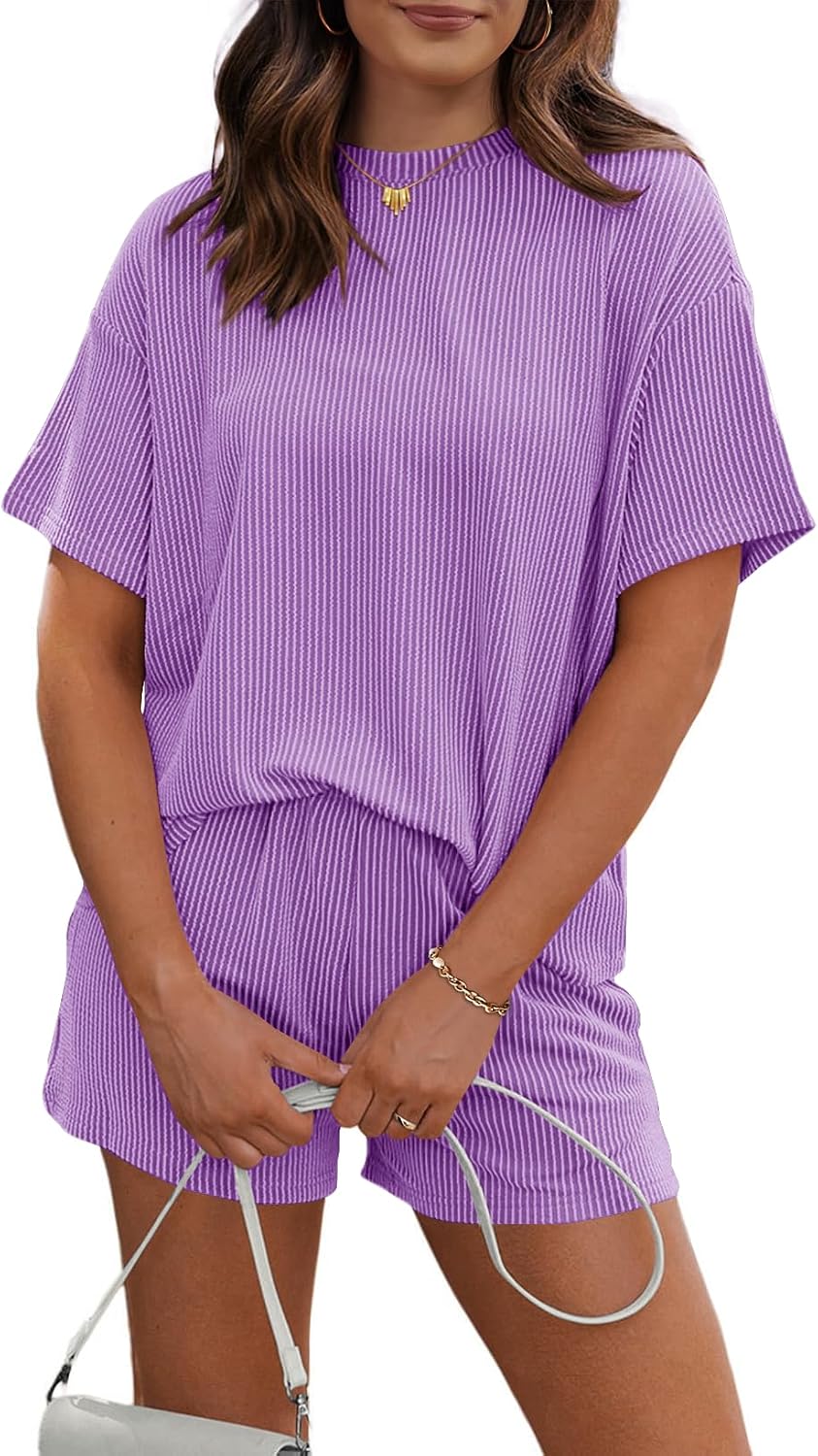 Detalle de RUBZOOF Women's 2-Piece Ribbed Knit Lounge Set: Short Sleeve Top and Shorts