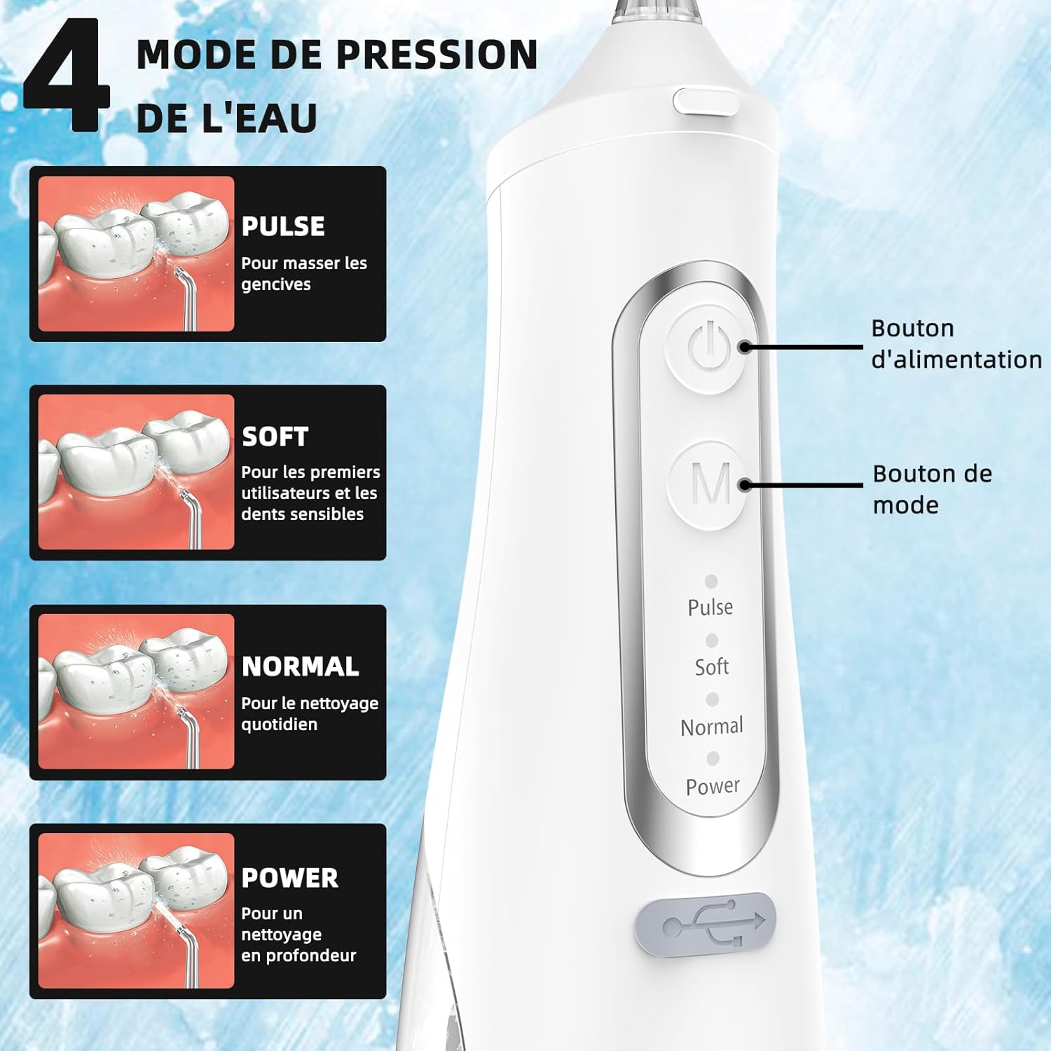 Detalle 2 de Jet Dentaire Hydropulseur Portable Sans Fil Rechargeable – 4 modes, 310 ml, IPX7, 60 Jours d’autonomie