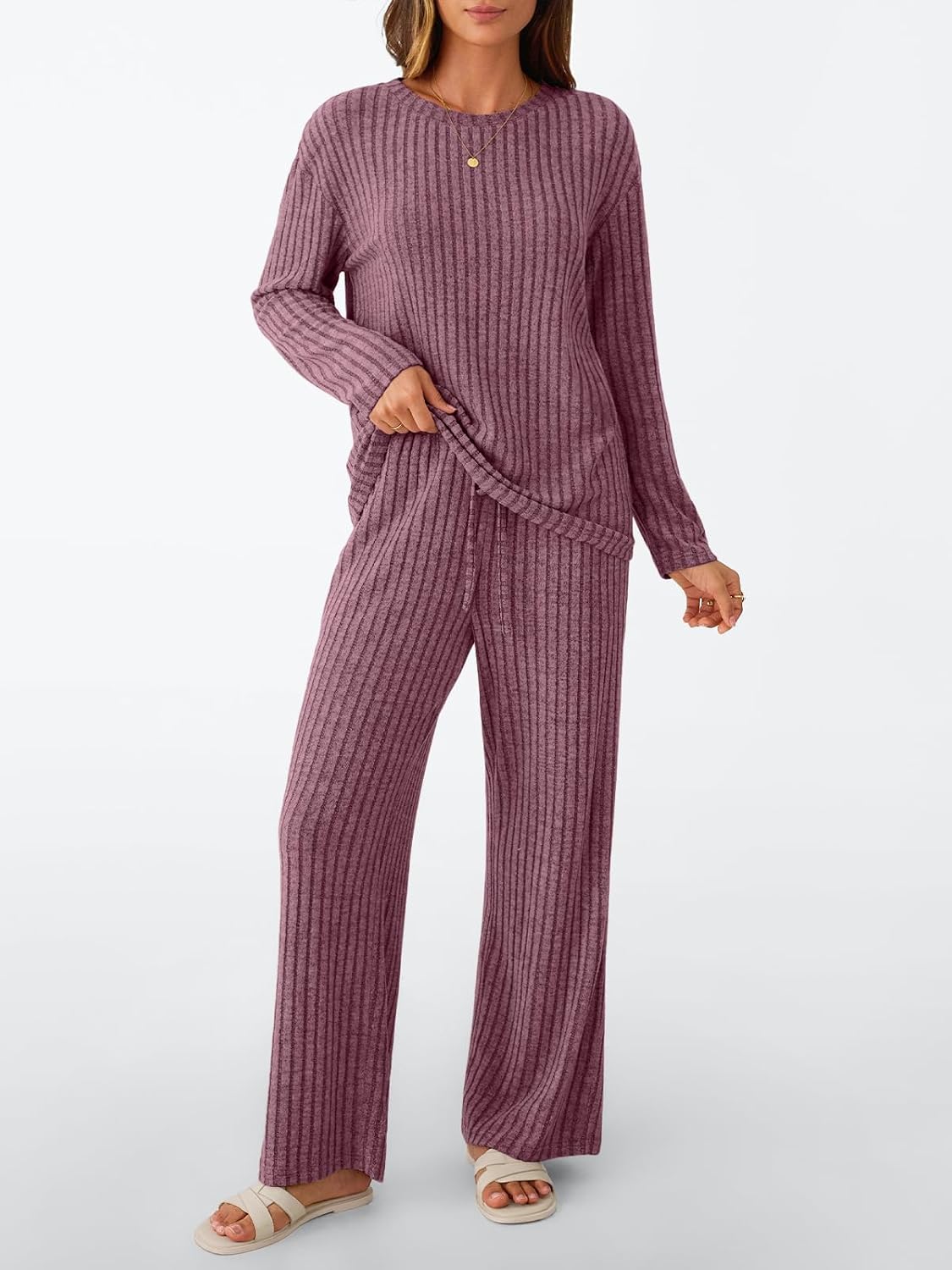 Detalle de LILLUSORY Women's Two-Piece Lounge Set, Ribbed Knit, Stretch Fabric, Pockets