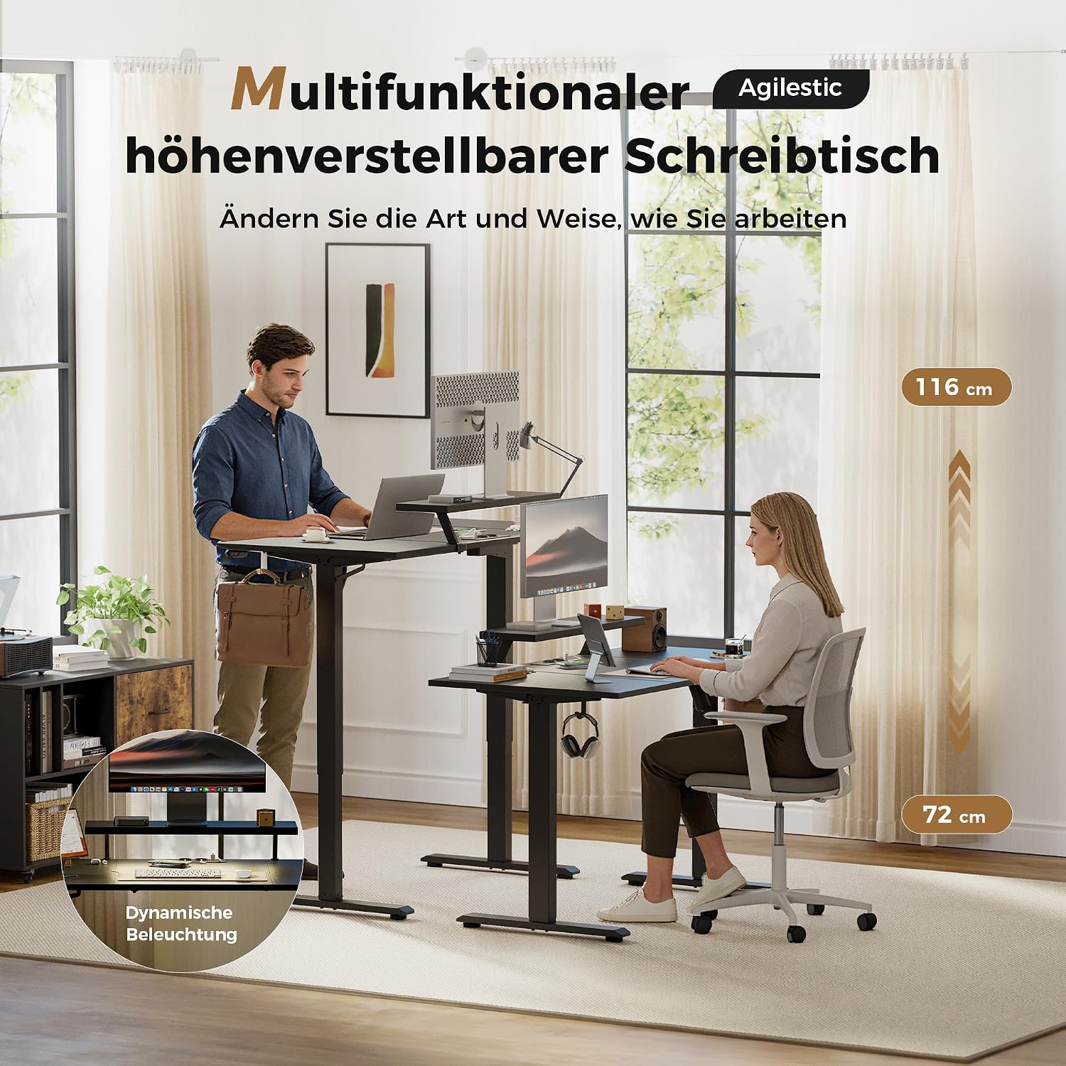 Detalle de Agilestic: Höhenverstellbarer Schreibtisch mit beweglichem Monitorständer – 120 x 60 cm, elektrisch, inkl. USB-Dose & LED-Lichtleiste