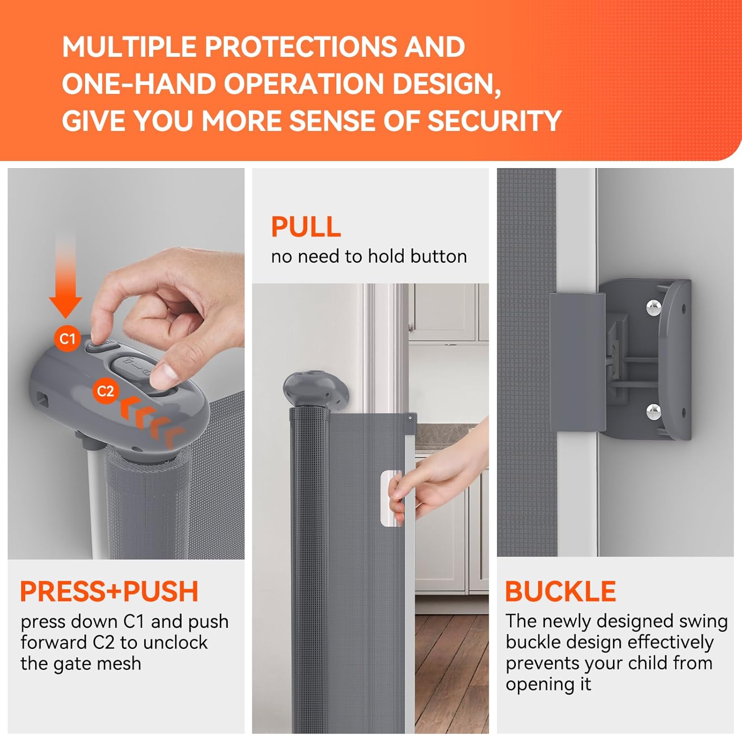 Detalle 2 de Muaket Retractable Stair Gate for Babies and Pets (0–180cm) with One-Handed Silent Operation