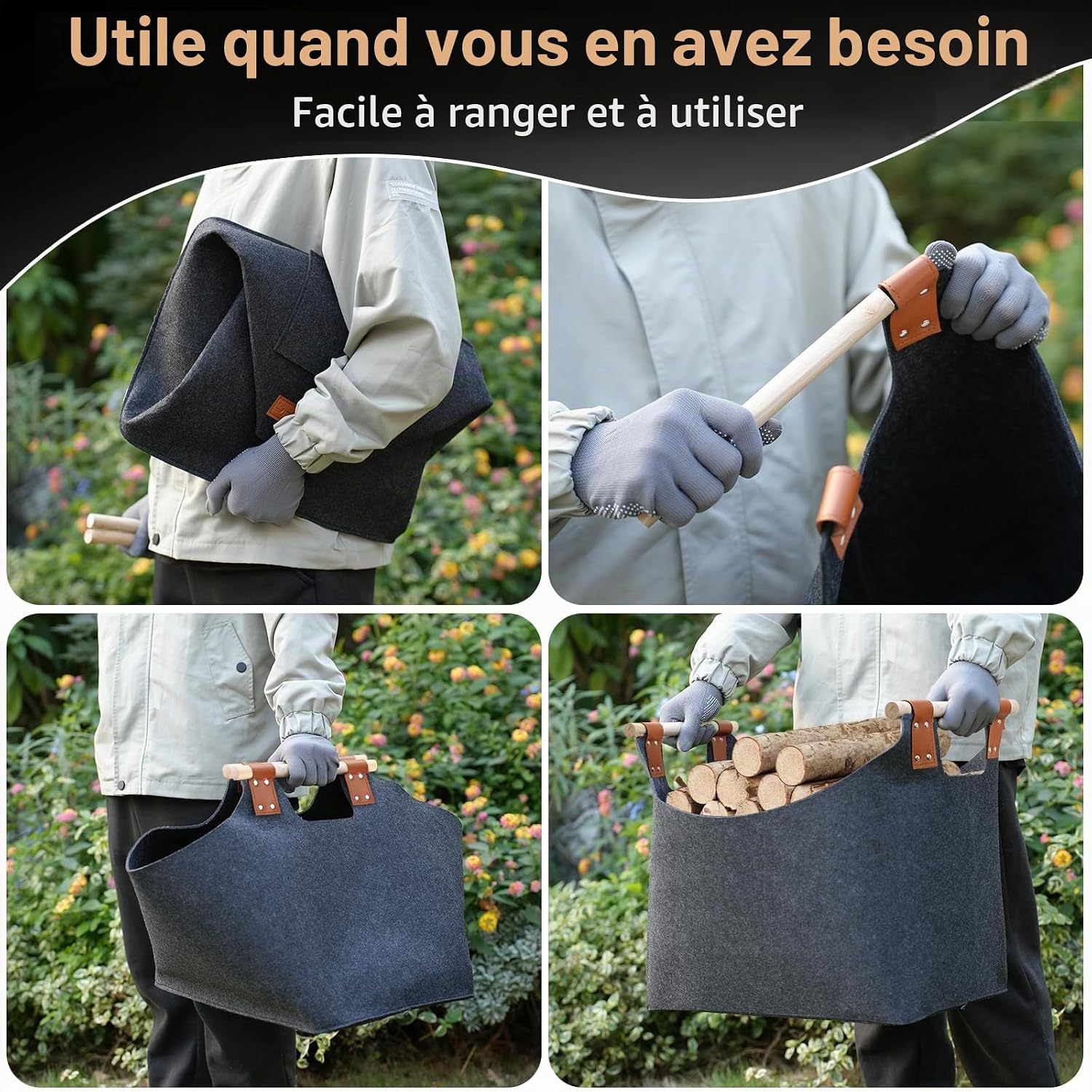 Detalle 2 de Ezilif EZ60L XL-houtmand van vilt, 60 liter, met houten handgrepen