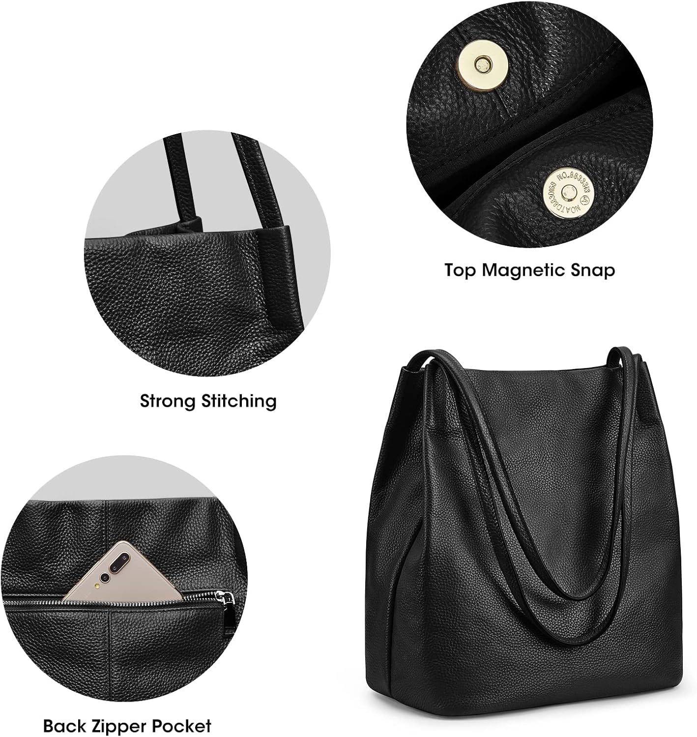 Detalle de Kattee Sac à Bandoulière en Cuir Véritable Souple pour Femme – Fermeture Magnétique