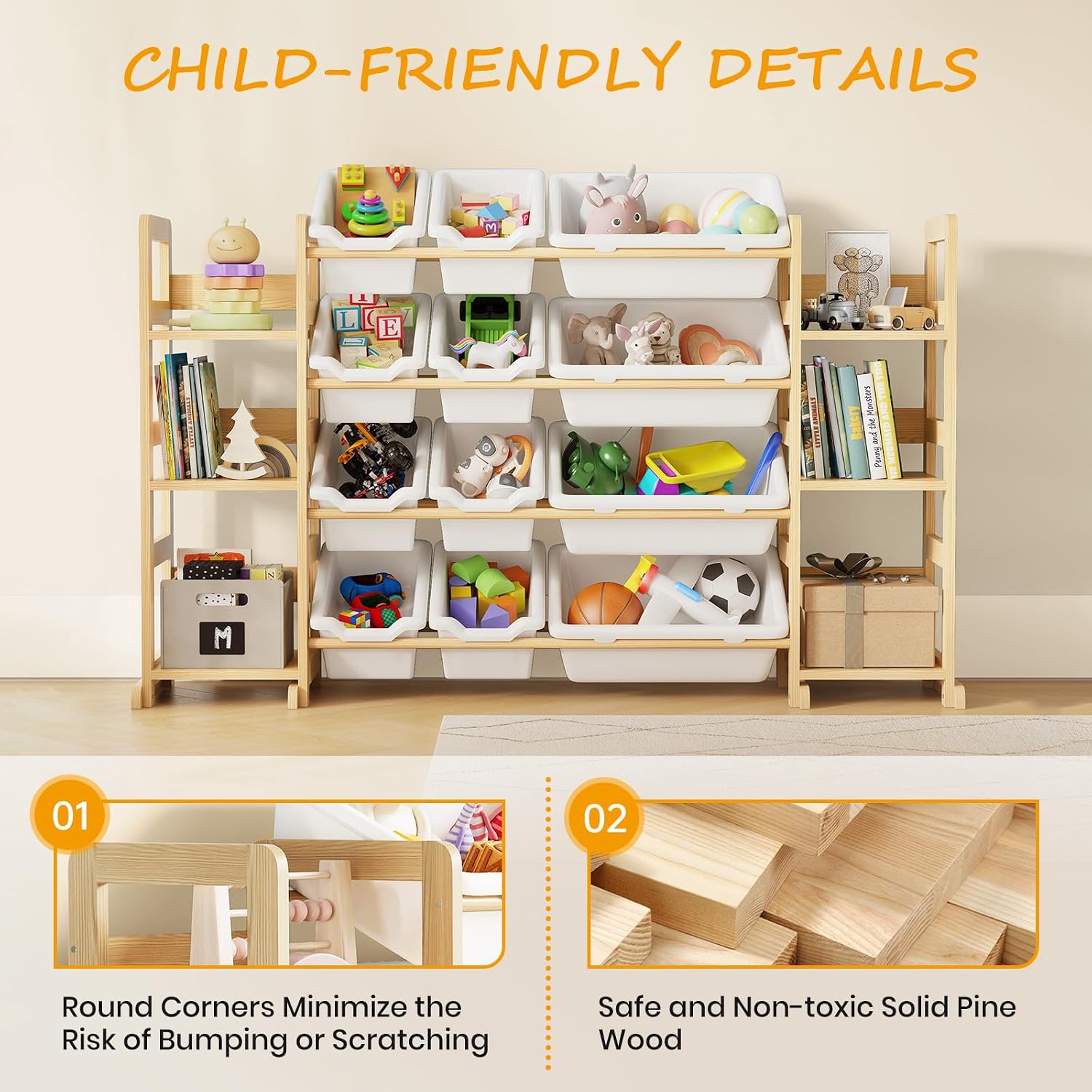 Detalle 1 de EXPERLAM Toy Storage Organizer, Solid Pine Wood