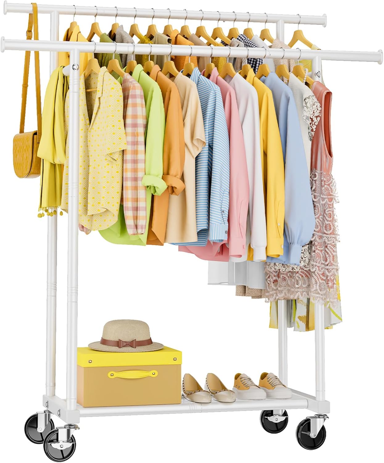 Detalle de HYSEYY Double Rods Clothes Rack, Metal Rolling Rack with Storage Shelf, White