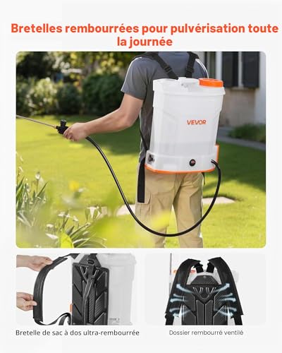 Detalle de VEVOR Pulvérisateur à Dos Électrique 12 L – Batterie 18 V, 2 Ah, 0–6,2 bar, 2 Lances et 5 buses