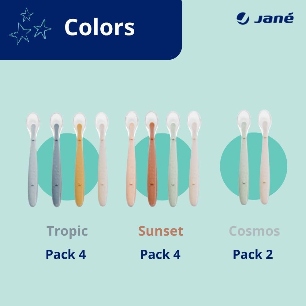 Detalle de Jané Lot de 4 Cuillères en Silicone pour Bébé et Enfant – Souples, Bout arrondi, Sans BPA, Colour Sunset