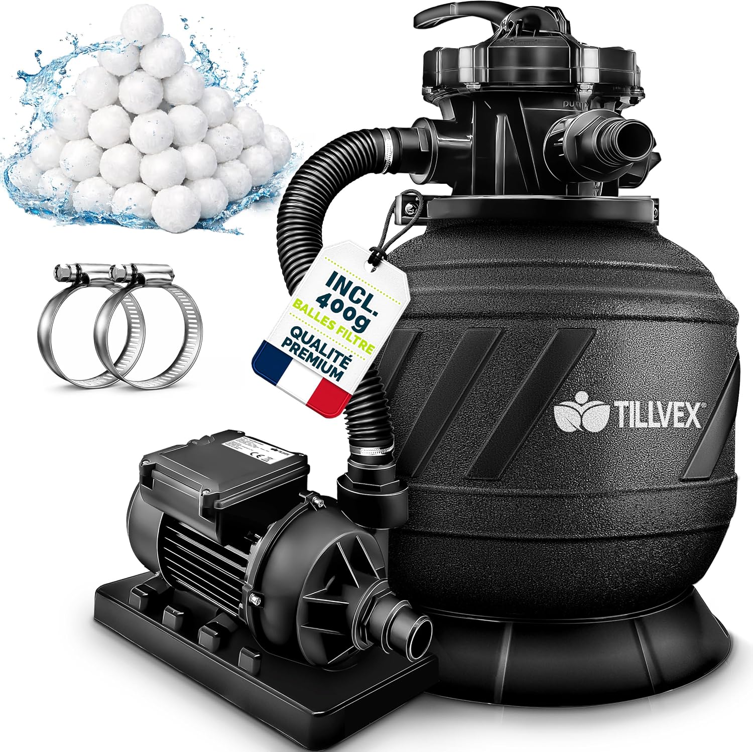 Detalle de Système de filtre à sable tillvex® 7.900 L/h avec vanne 7 voies et indicateur de pression (adaptateur 2en1 Ø32-38 mm)
