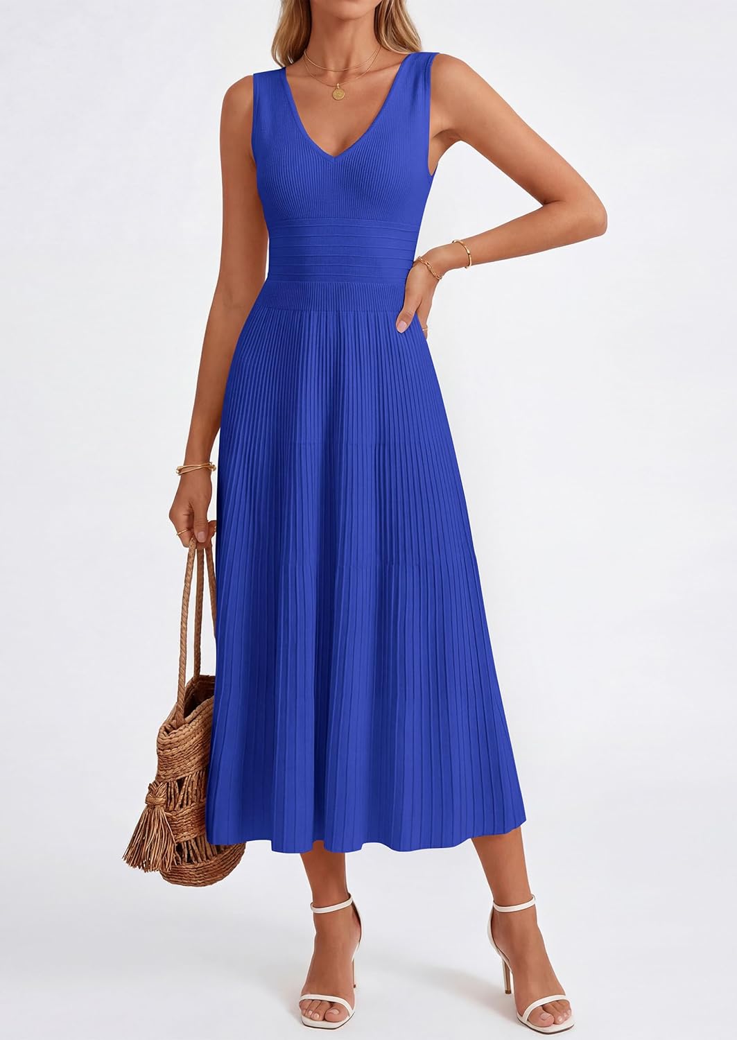 Thumbnail 1 de PRETTYGARDEN Summer Dresses for Women 2026: Pleated Midi V-Neck Sleeveless Dress