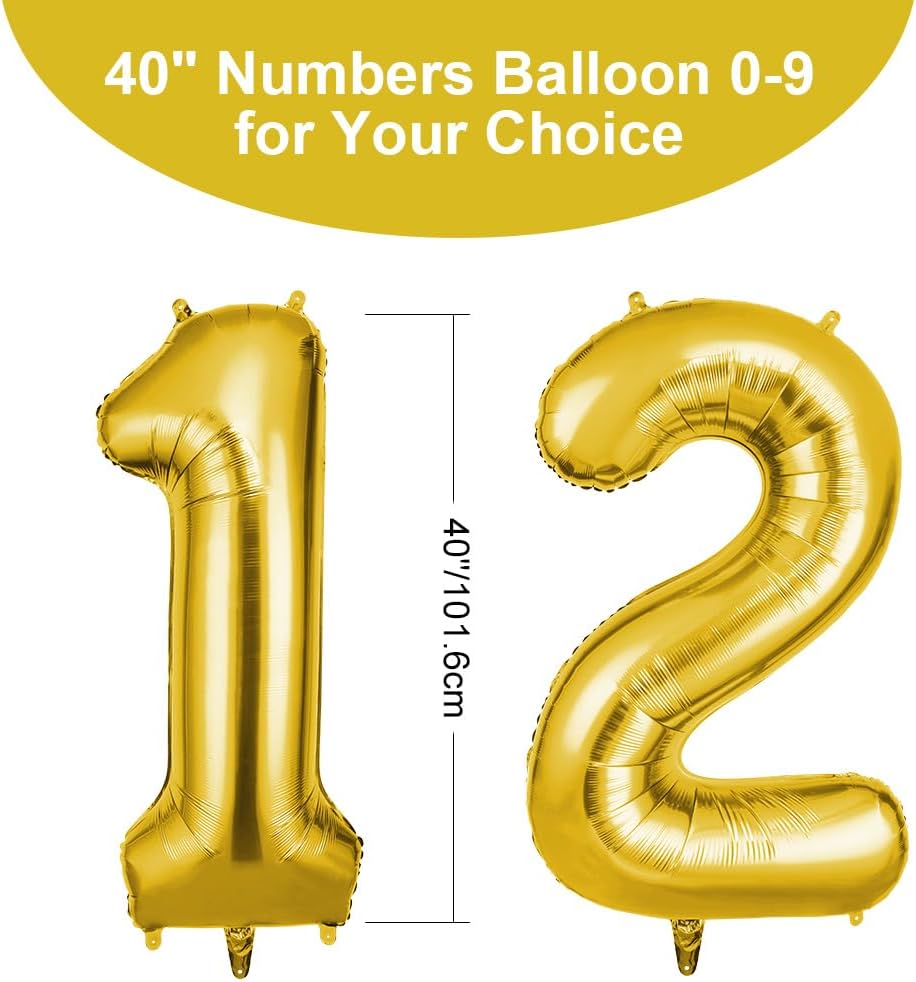 Detalle 2 de OFFCUP 40 Inch Number 12 Balloon – Large Gold Foil Balloons (2 Pack) for Parties