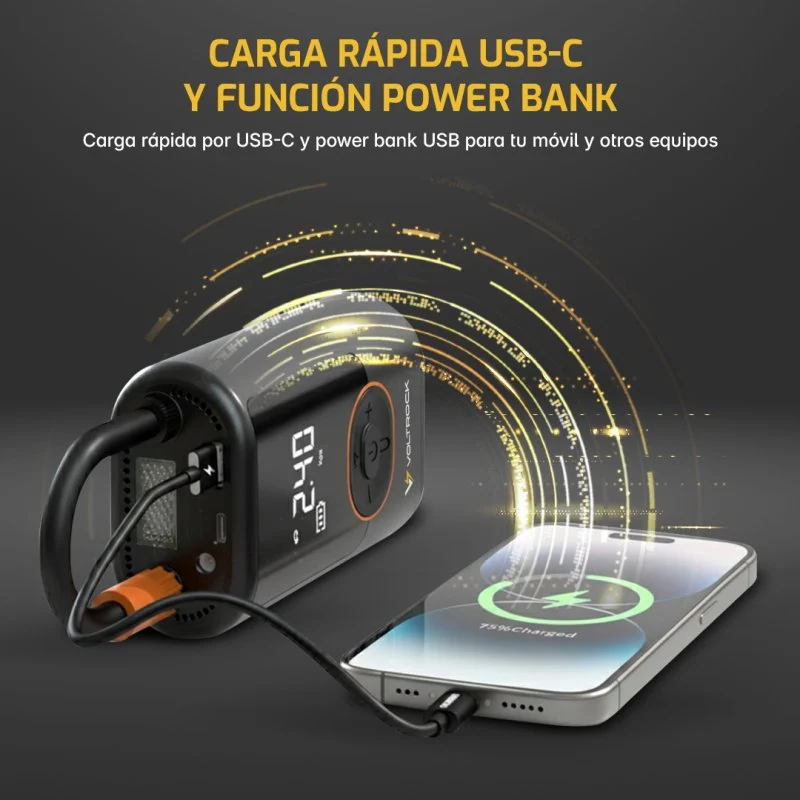 Detalle de Voltrock Mini compresor inflador portátil QuickAir: 0,2–10 bar, USB‑C y power bank
