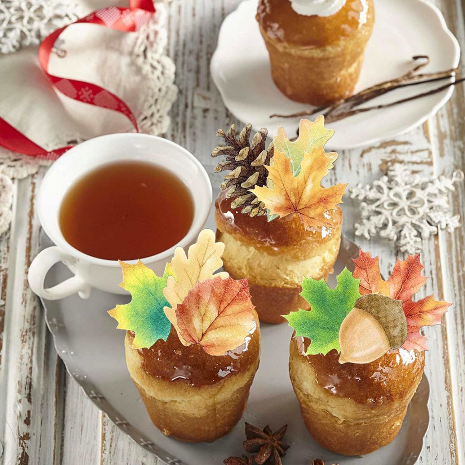 Detalle de Xsstarmi 63 Pack Autumn Edible Cupcake Toppers – Rice Paper Fall Leaves & Pine Cone Picks