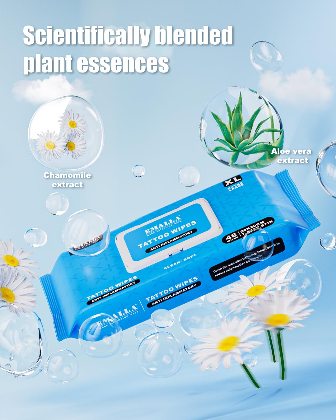 Detalle de EMALLA Cleansing Green Soap Tattoo-Reinigungstücher 3er Pack – 60 Stück, alkoholfrei, pflanzliche Fasern