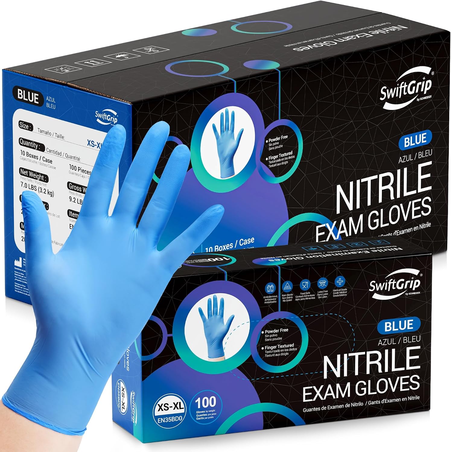 Detalle de SwiftGrip Disposable Nitrile Exam Gloves – Blue, Powder-Free, Latex-Free (Large) 1000-ct Case