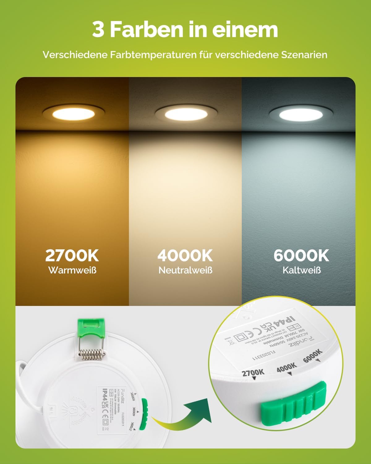 Thumbnail 1 de Fondiiz LED-Einbaustrahler Set 20er 230V, dimmbar, 6W, 700lm, 2700/4000/6000K, IP44