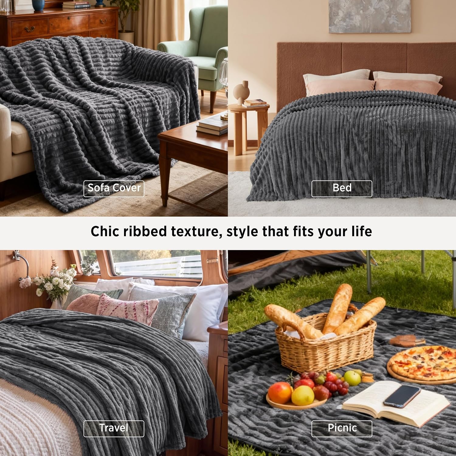 Detalle 2 de Bedsure Blanket-Chunky Corduroy King Throw Blanket, 320 GSM Polyester, Frost Gray