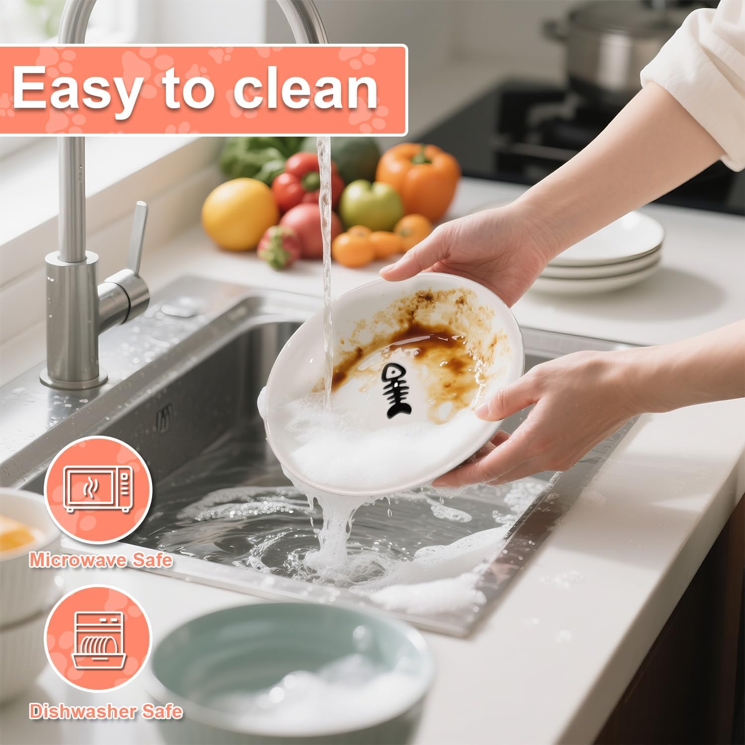 Thumbnail 2 de 6er Set Keramik-Futternäpfe für Katzen (15 cm) – Katzennapf mit Fisch- und Pfotenmotiv, ohne Silikonbasis